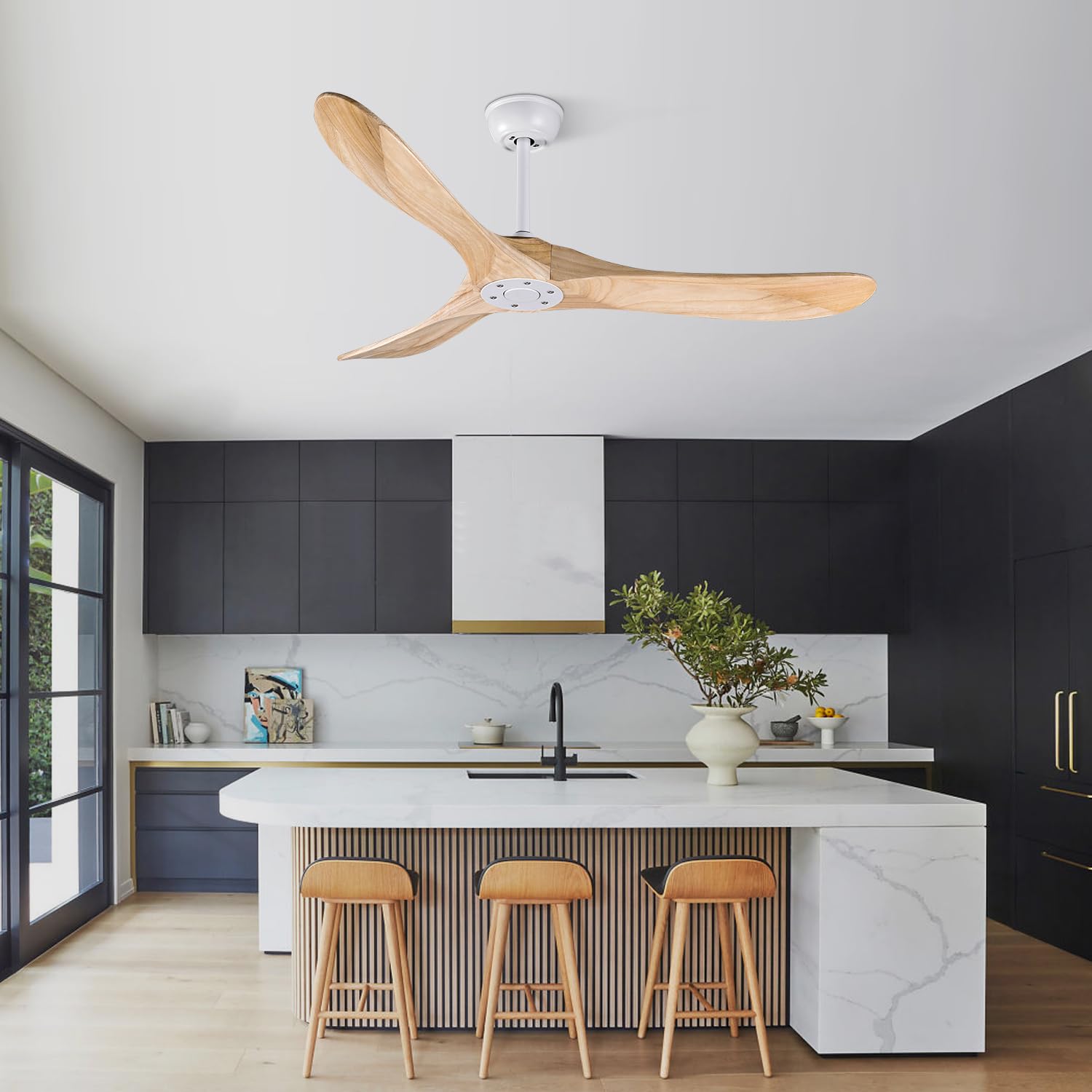 Bigzone 52 Inch Modern Ceiling Fan Without Light - DC Motor Energy Efficient Ceiling Fan - 3 Solid Wood Blades - Remote Control - Reversible Blades - Indoor/Outdoor Use for Patio, Bedroom, Living Room, Porch