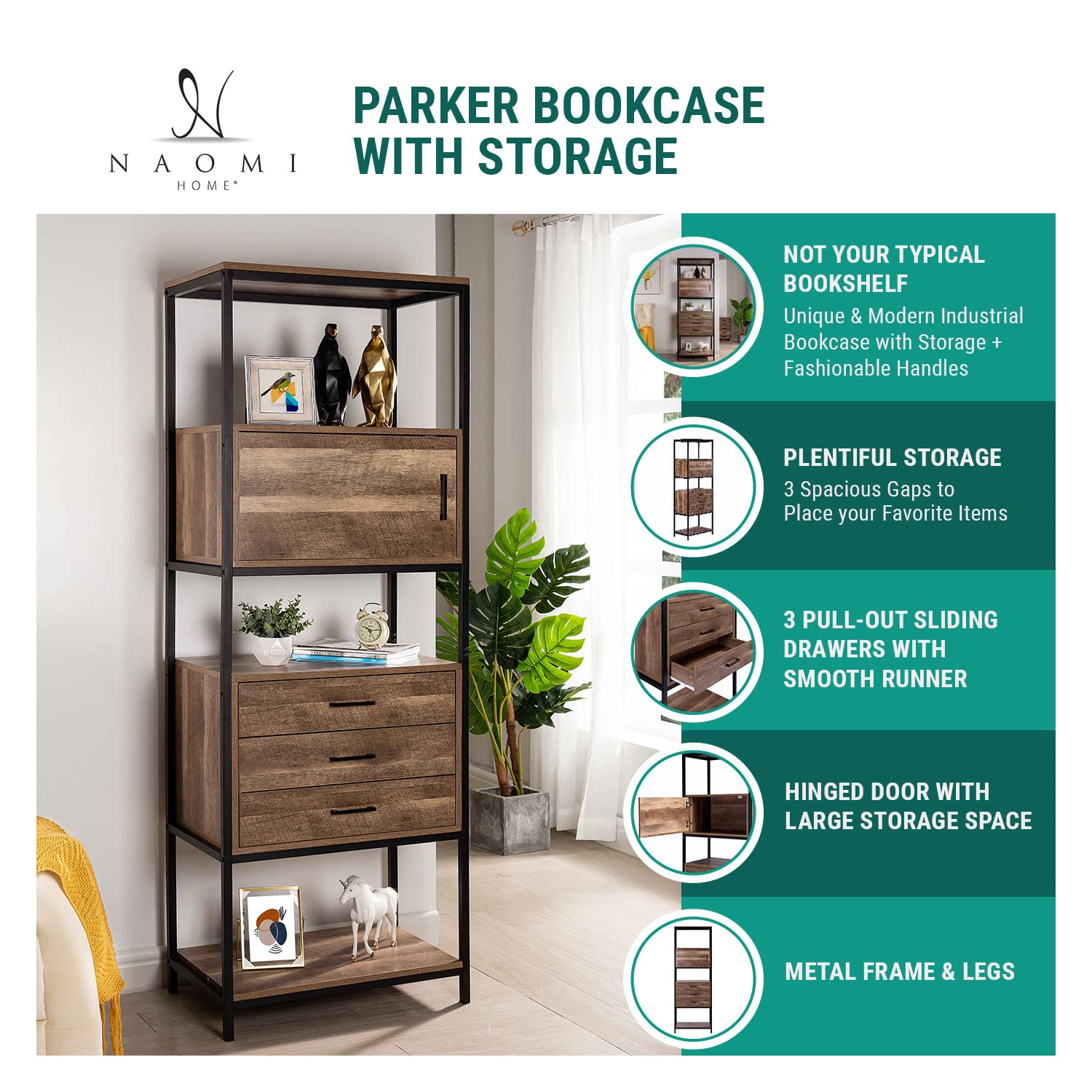 Naomi Home Parker Bookcase with Storage Shelves & Pullout Drawers - Modern Bookshelf Organizer with Metal Frame for Bedroom, Living Room, Office - Walnut Finish