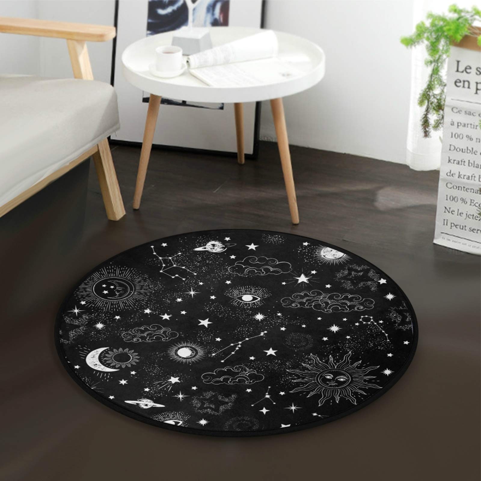 Sun and Moon Circular Rugs 3 Ft Round - Washable Small Area Rug for Bedroom Decor | Boho Chic Living Room, Nursery & Dorm Room Floor Mat