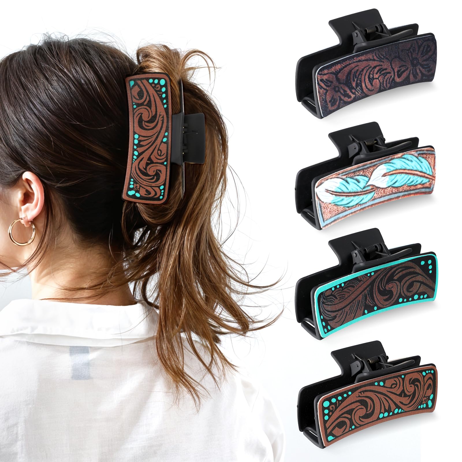 4Pcs Western Hair Clips for Women - Large Cowhide Pattern Resin Claw Clips, Cowgirl Aesthetic Hair Accessories for Thick & Thin Hair - Perfect for Country Concerts, Rodeos & Western Fashion Outfits