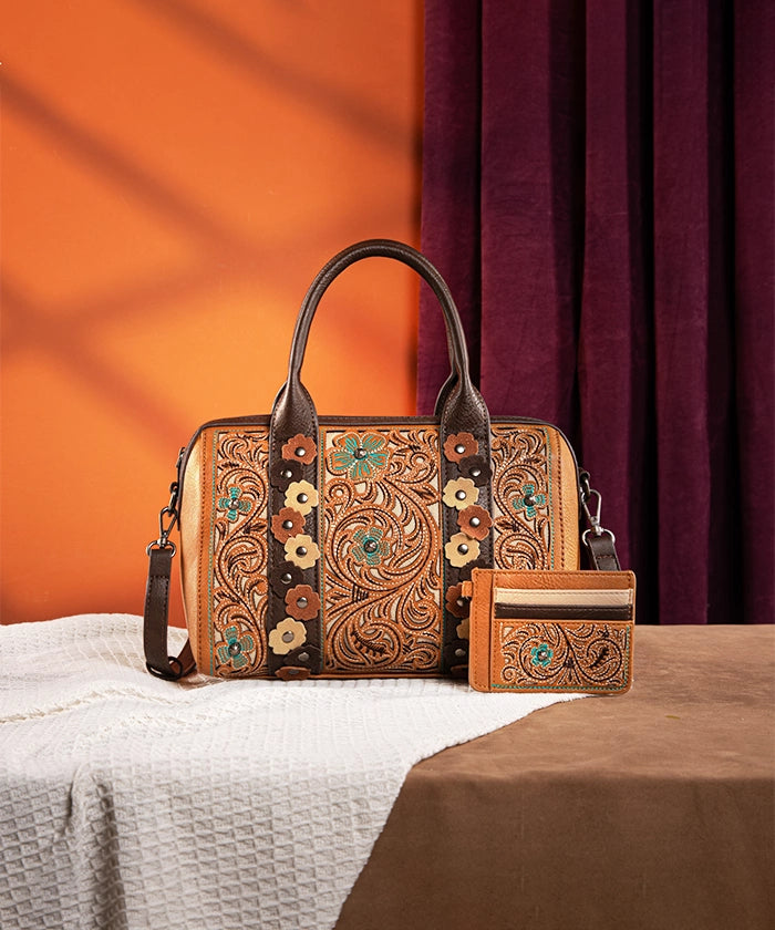 Montana West Embroidered Floral Cut Out Boston Bag Set - Stylish Leather Shoulder Purse for Women, Perfect for Work, Travel & Everyday Use