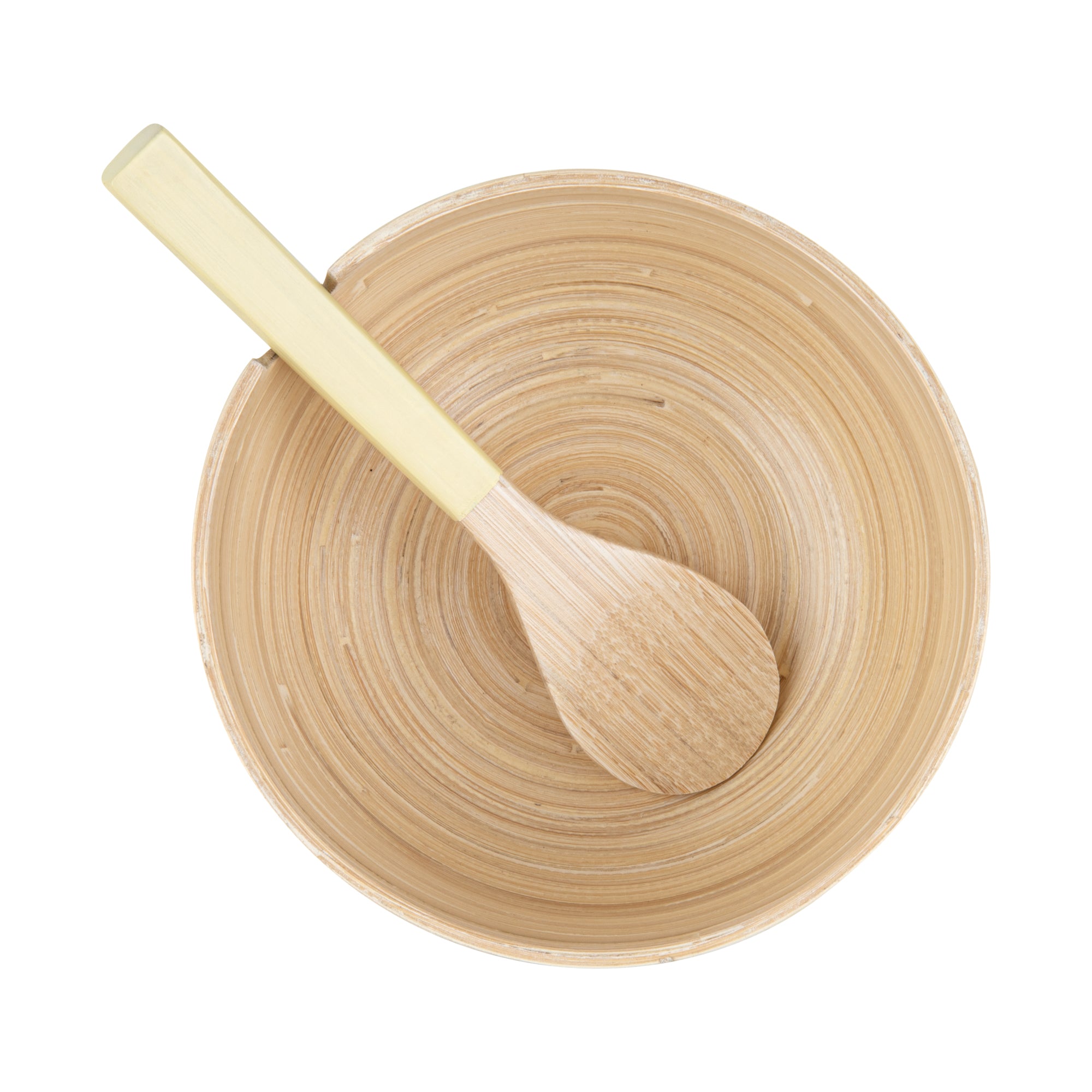 Bambuddha 25 oz Round Cream Spun Bamboo Serving Bowl with Spoon - 7.75