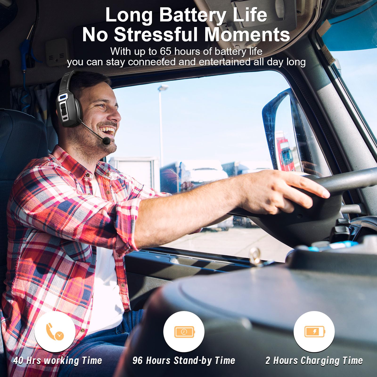 Bluetooth Headset for Truckers - AI Noise Cancelling Mic, Mute Button, 65H Battery Life, Bluetooth 5.2 - Hands-Free Truck Driver Headset for Calls & Multitasking | Ideal for Long Hauls & Professional Driving