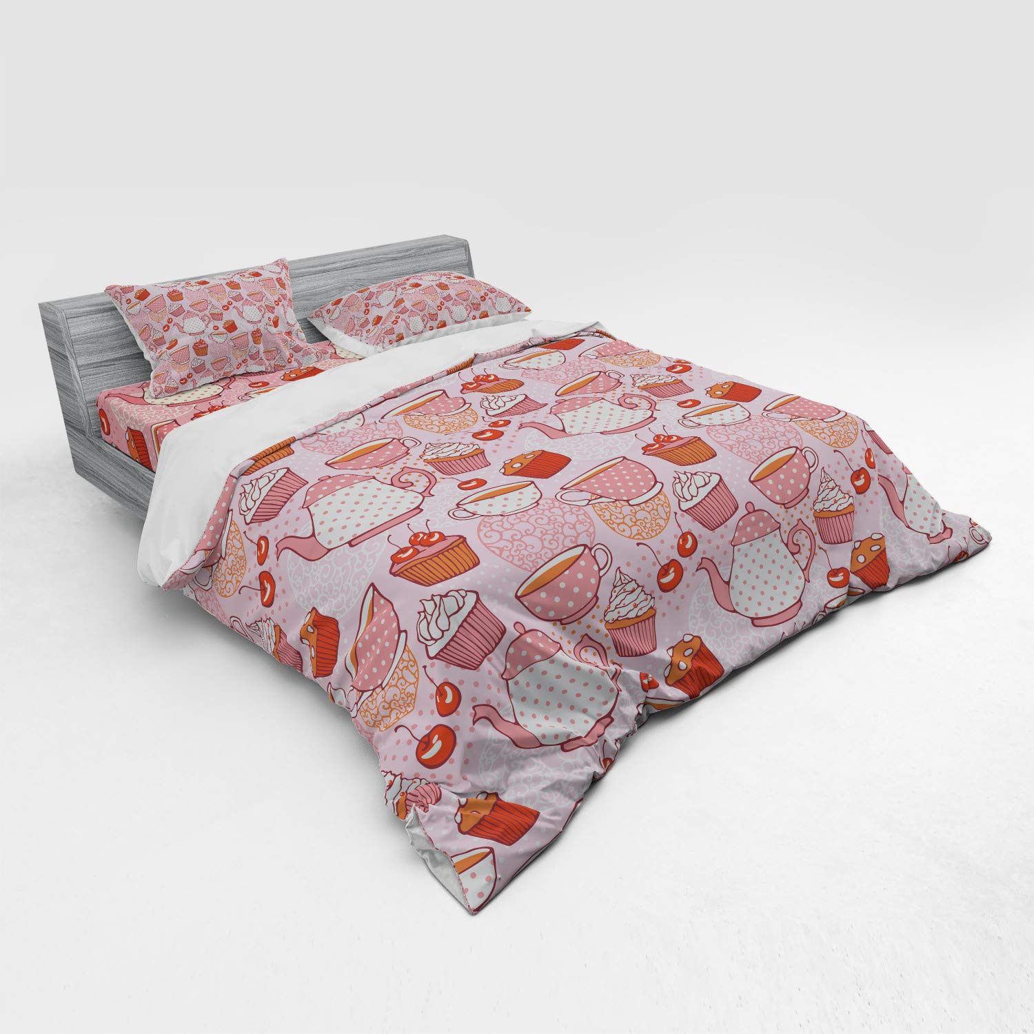Ambesonne Cartoon Bedding Set - 4 Piece Duvet Cover Set with Shams & Fitted Sheet, King Size, Pink Orange Red Teapot Cup Polka Dot Cherry Cake Tea Coffee Pattern - Perfect for Kids Rooms, Guest Bedrooms & Themed Decor