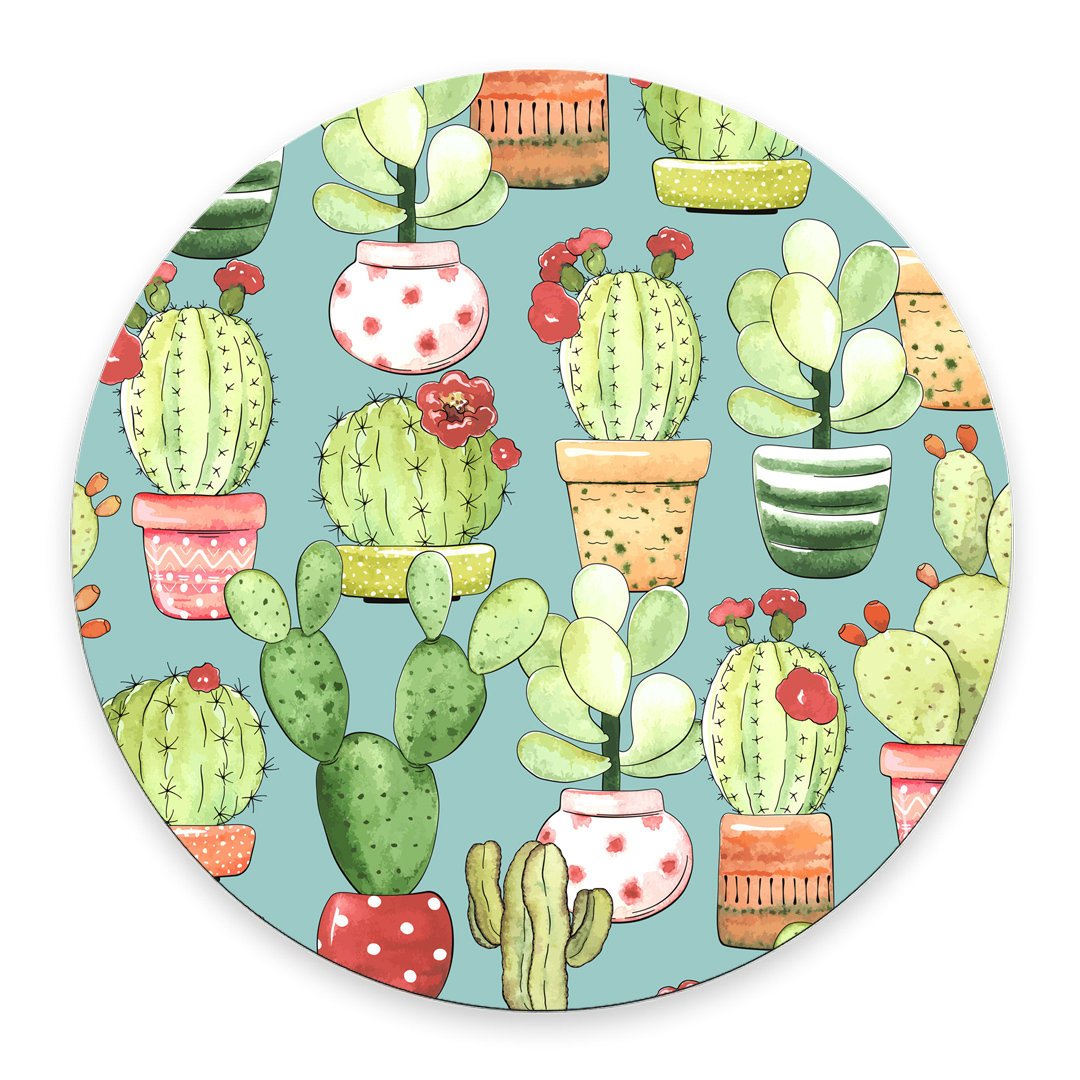 Non-Slip Rubber Round Mouse Pad with Cacti in Pots Design - 7.87 Inch Turquoise Gaming & Office Desk Accessory for Computer, Laptop, Home & Workstation Use