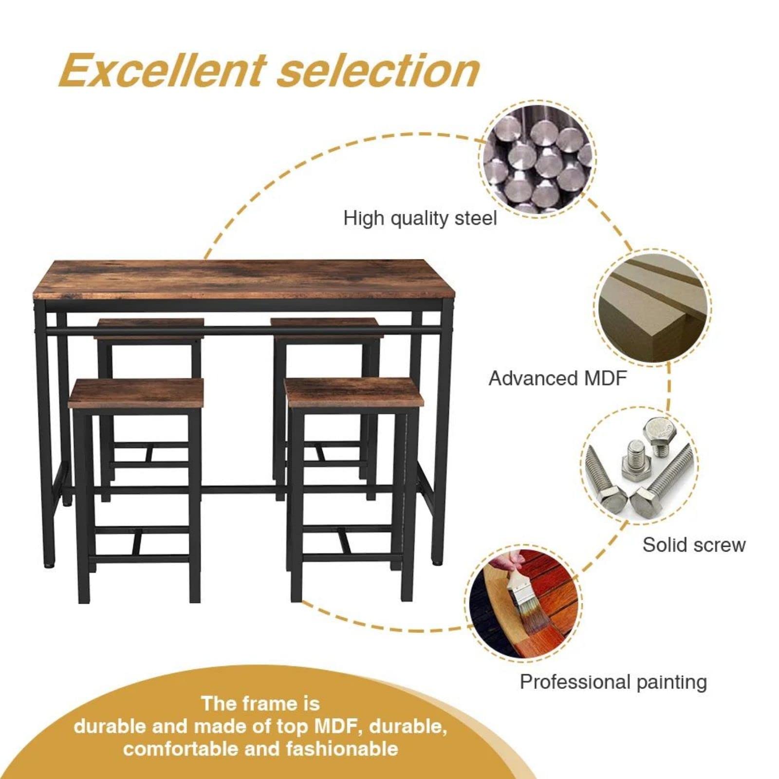Modern 5-Piece Industrial Bar Height Dining Table Set for 4 - Kitchen & Pub Table with 4 Chairs - Space-Saving Breakfast Nook & Small Space Solution - Perfect for Apartments, Condos & Cozy Dining Areas