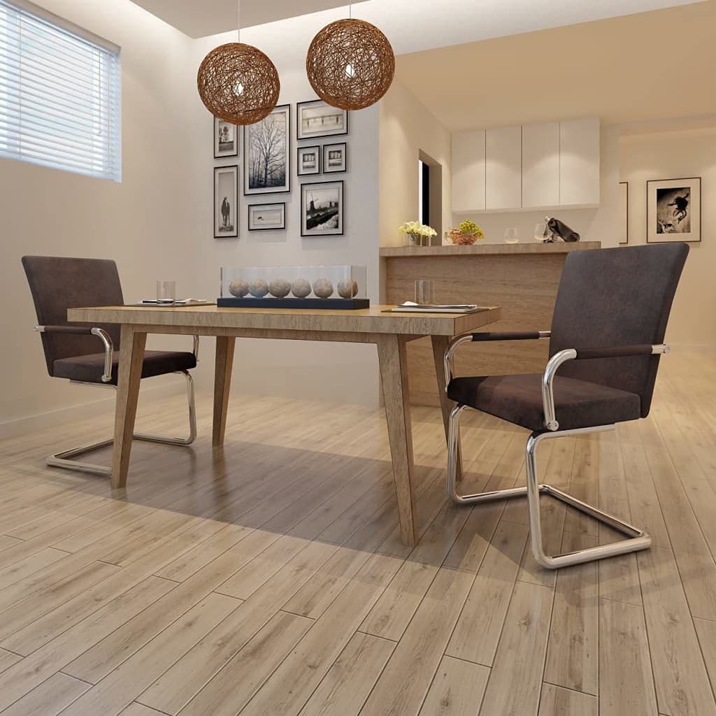Modern Cantilever Dining Chairs Set of 2 - Brown Faux Suede Leather High Back Padded Kitchen Side Chairs - Armless Contemporary Seating for Dining Room, Breakfast Nook & Small Spaces