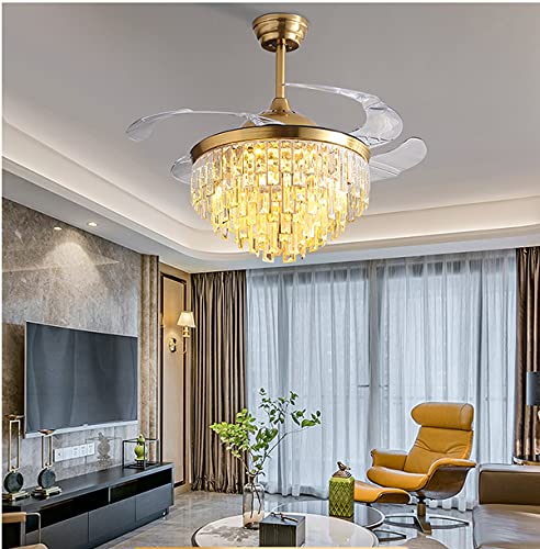 AFANQI 42 Inch Modern Crystal Retractable Ceiling Fan with LED Light & Remote Control - Dimmable Chandelier Fan for Living Room, Bedroom, Dining Room - Energy Efficient Cooling & Stylish Home Decor