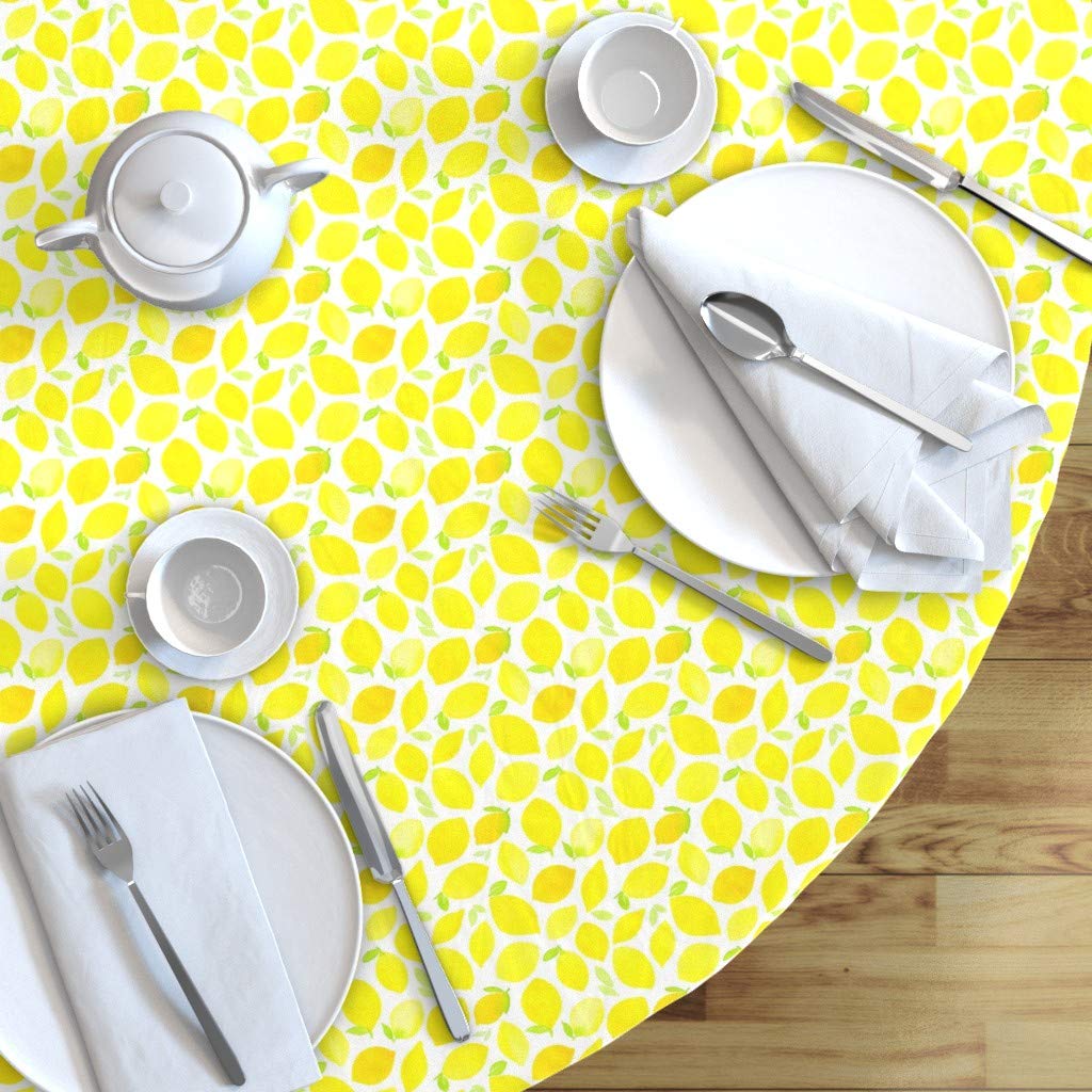 Watercolor Lemons Printed Cotton Sateen Tablecloth - 70 Inch Round Yellow Summer Table Linens for Dining Room, Kitchen, and Outdoor Parties