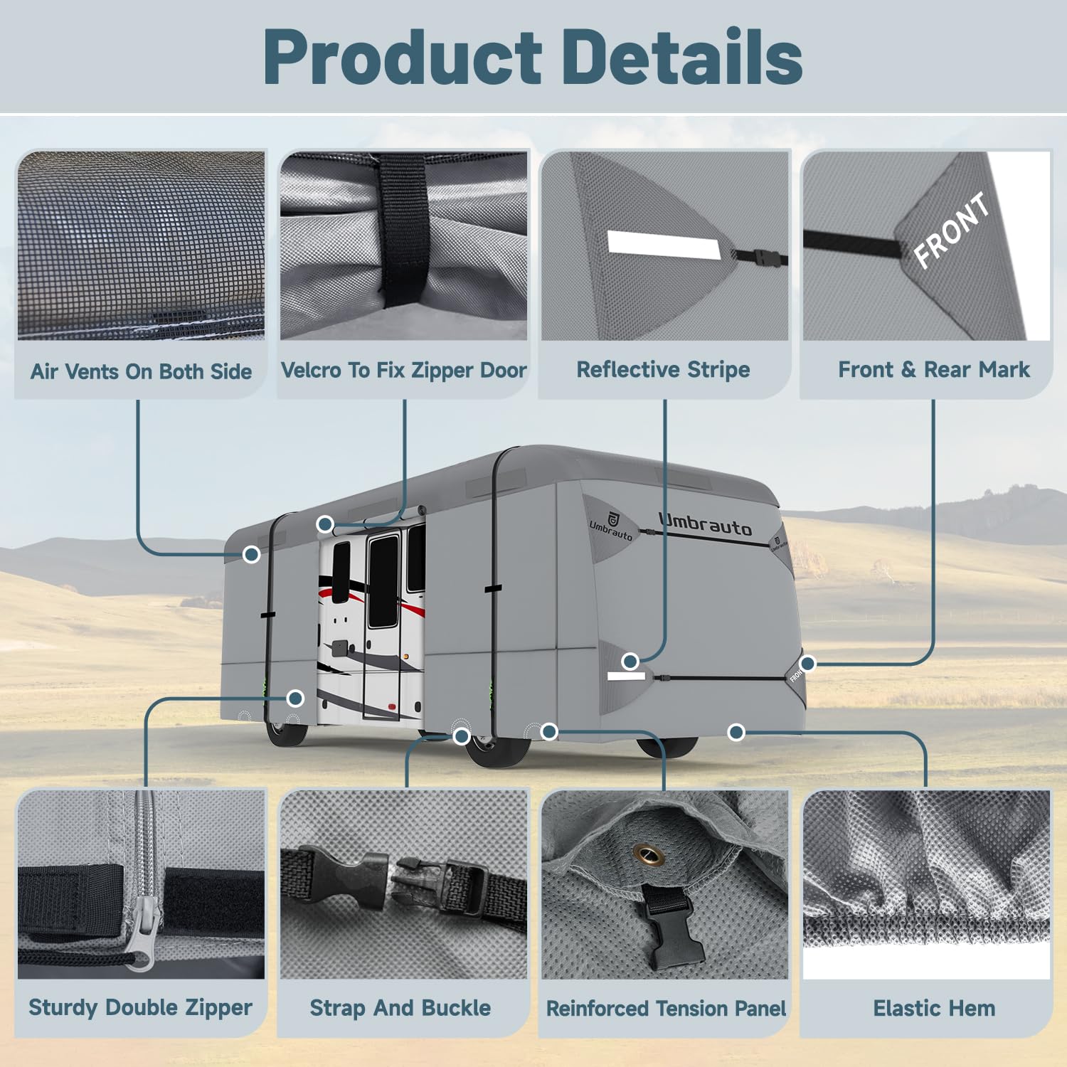 2024 Upgraded Umbrauto Class A RV Cover - 7-Layer Anti-UV, Windproof Motorhome Cover for 31'-34' RVs | Includes 2 Extra Straps, Repair Patches & 6 Gutter Covers | Perfect for Outdoor Storage & Winter Protection