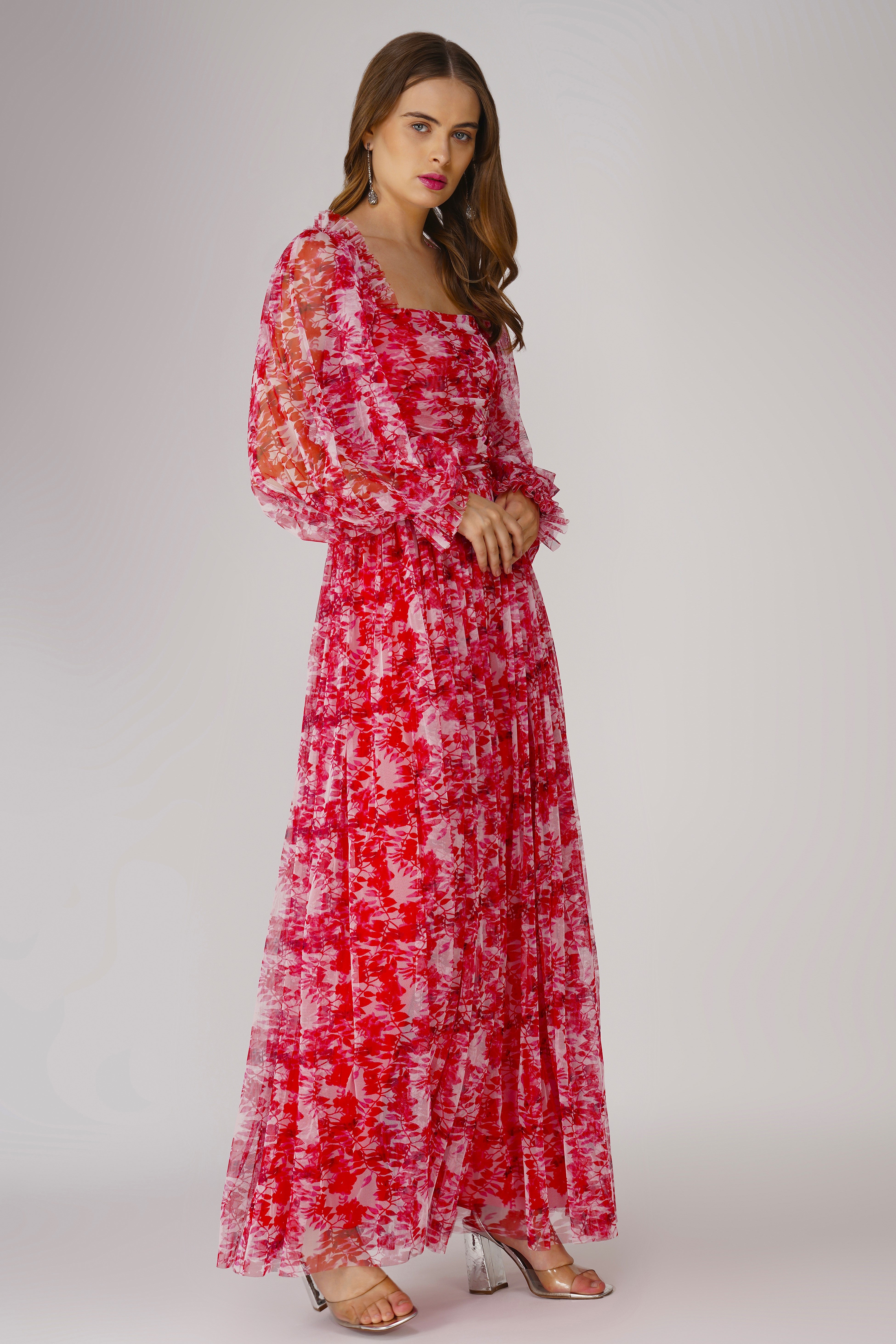 Lana Red Printed Tulle Dress for Women - Elegant Floral Party Gown for Weddings, Prom, Evening Events & Special Occasions