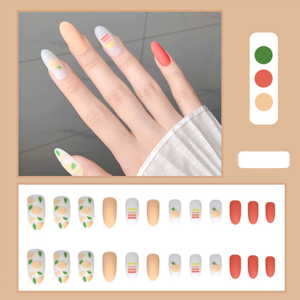 24 Pcs Medium Almond Press on Nails - Nude Fake Nails with Orange Fruit Design, Glossy Short Artificial Nails with Glue for Women & Girls (Light Yellow Base/Green White) | Perfect for Parties, Weddings, Daily Wear & Nail Art Enthusiasts