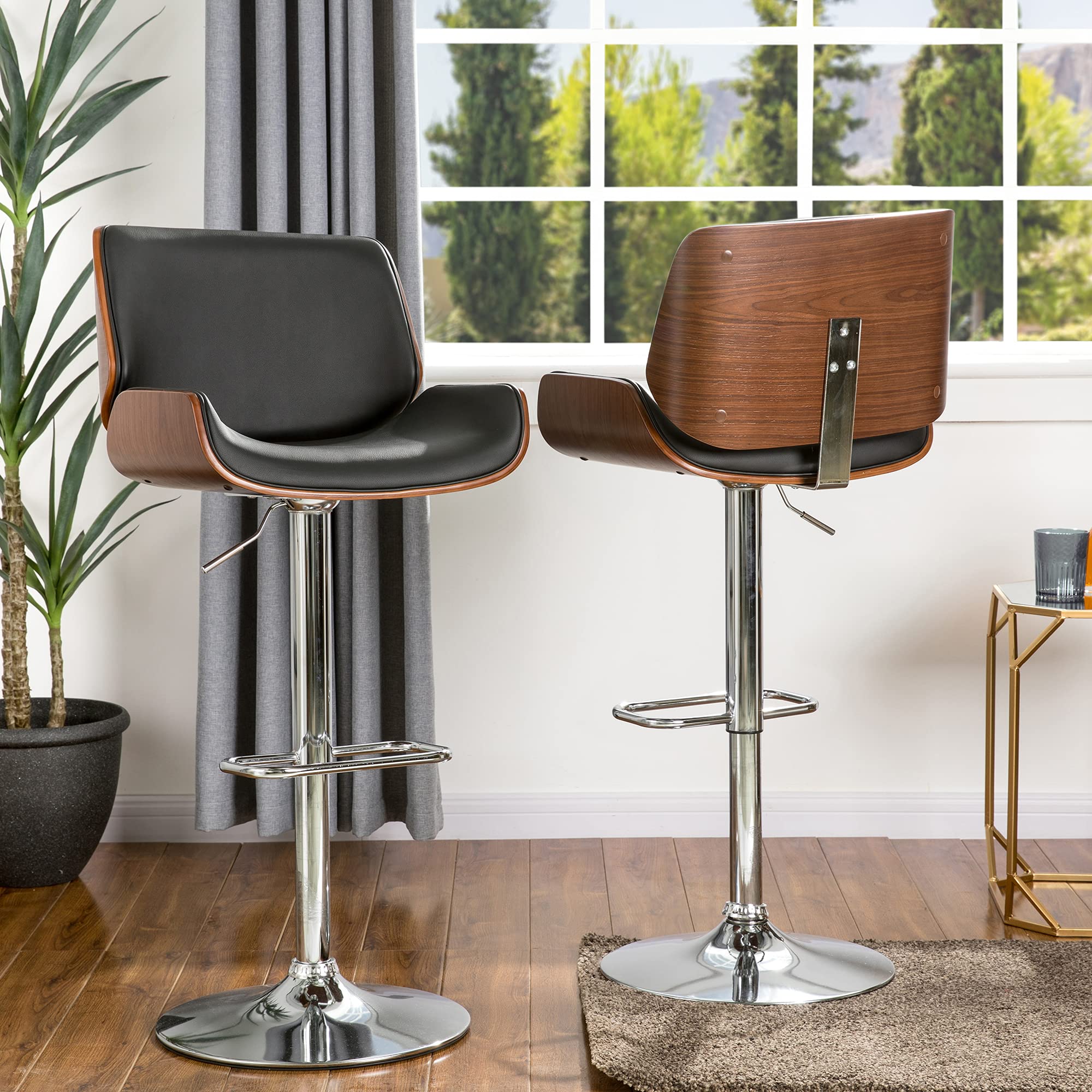 Glitzhome Adjustable Bar Stool Set of 2 - Swivel Mid-Century Modern PU Leather Counter Height Dining Chairs with Back Support, Black Walnut Bentwood Design - Perfect for Kitchen Islands, Breakfast Bars & Home Bars
