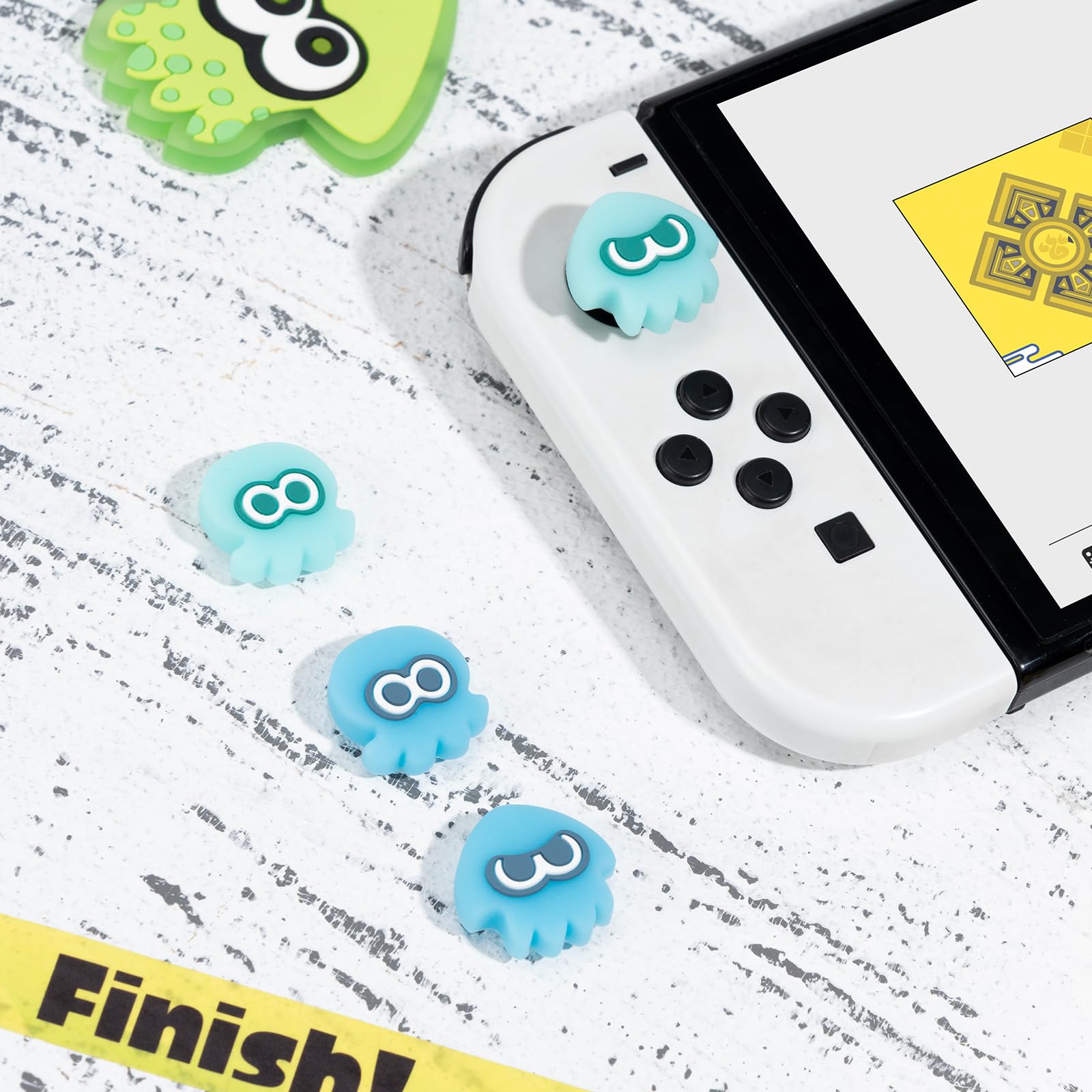 Nintendo Switch Joycon Thumb Grip Caps - Soft Silicone Joystick Cover Compatible with Switch/OLED/Lite (4PCS Squid & Octopus Luminous-Cyan&Green) - Perfect for Splatoon Gaming & Long Play Sessions