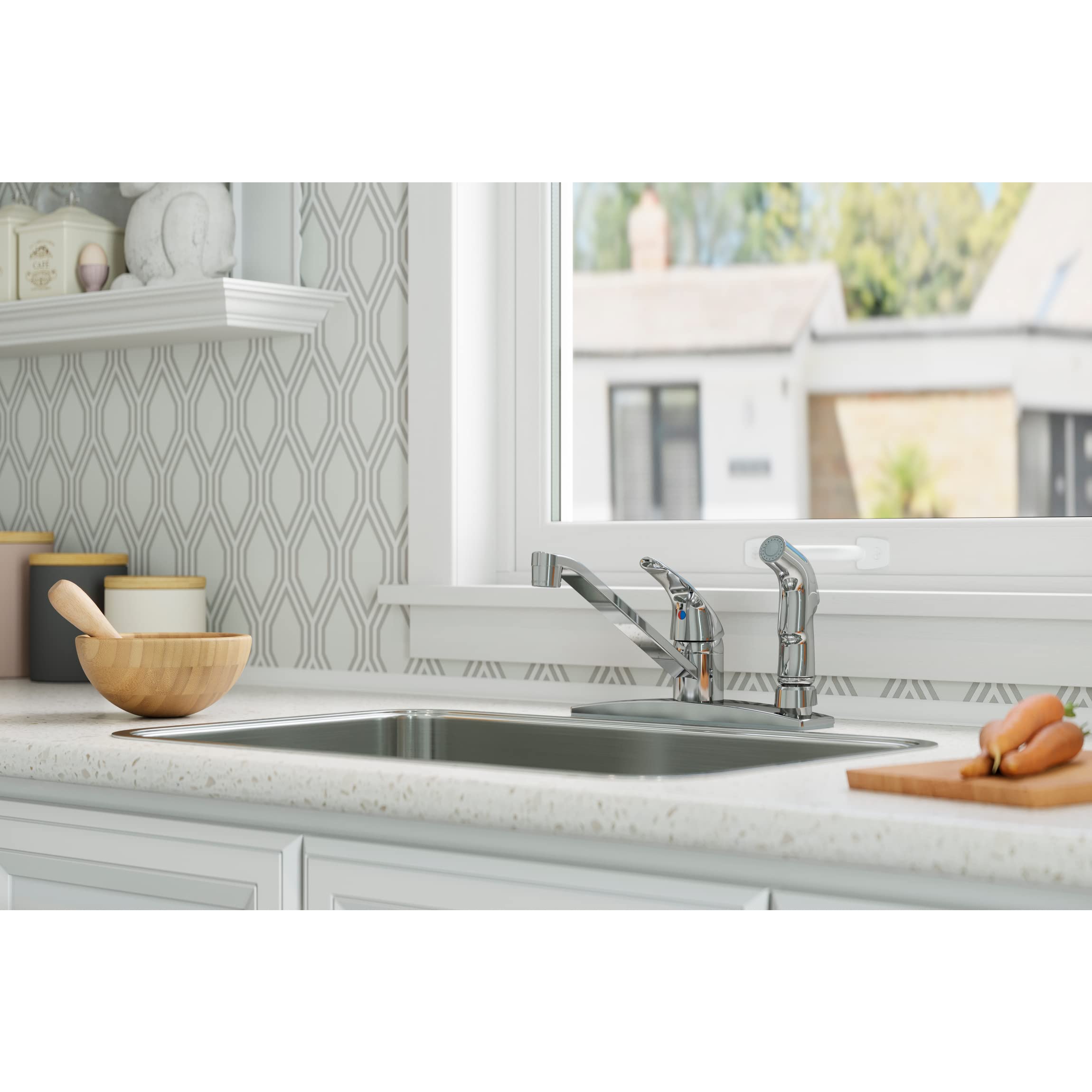 Pfister Pfirst Series Polished Chrome Kitchen Faucet with Swivel Spout & Side Spray - Mid-Arc Single Handle 3-Hole Faucet for Kitchen Sink & Bar Sink - Transitional Home Décor - Perfect for Cooking, Washing Dishes & Entertaining