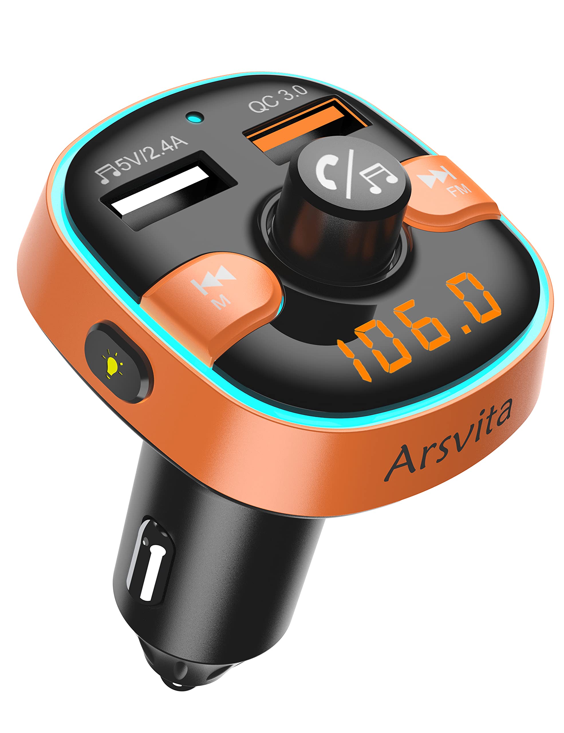 Upgraded Arsvita Bluetooth FM Transmitter - QC3.0 Fast Charger & Hi-Fi Sound for Car Audio & Hands-Free Calling (Orange)