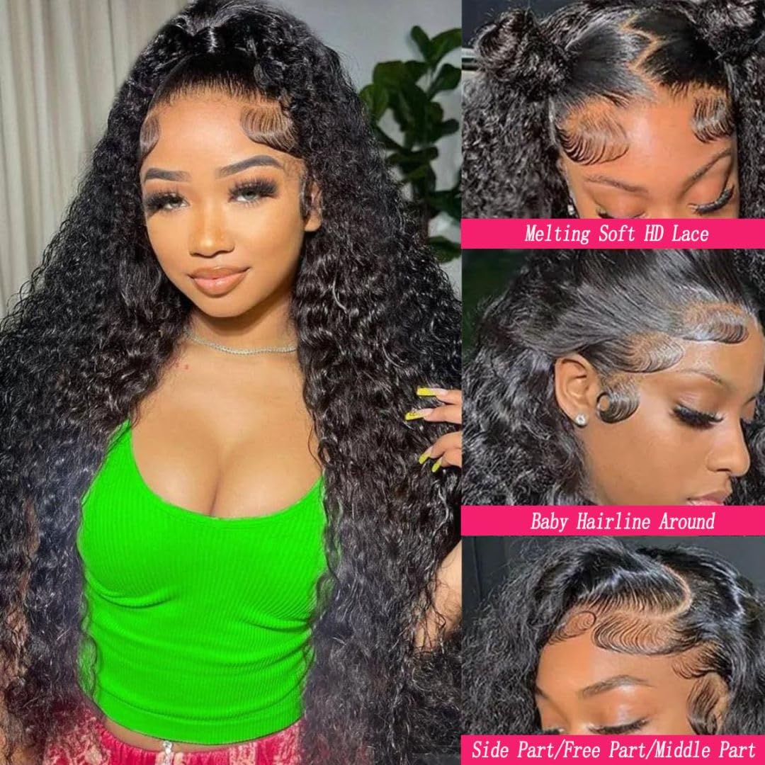 13x4 HD Lace Front Human Hair Wigs - Deep Wave 200% Density Glueless Wig with Pre-Plucked Bleached Knots & Baby Hair | 28 Inch Natural Black Curly Human Hair Wig for Women | Perfect for Daily Wear, Cosplay & Special Occasions