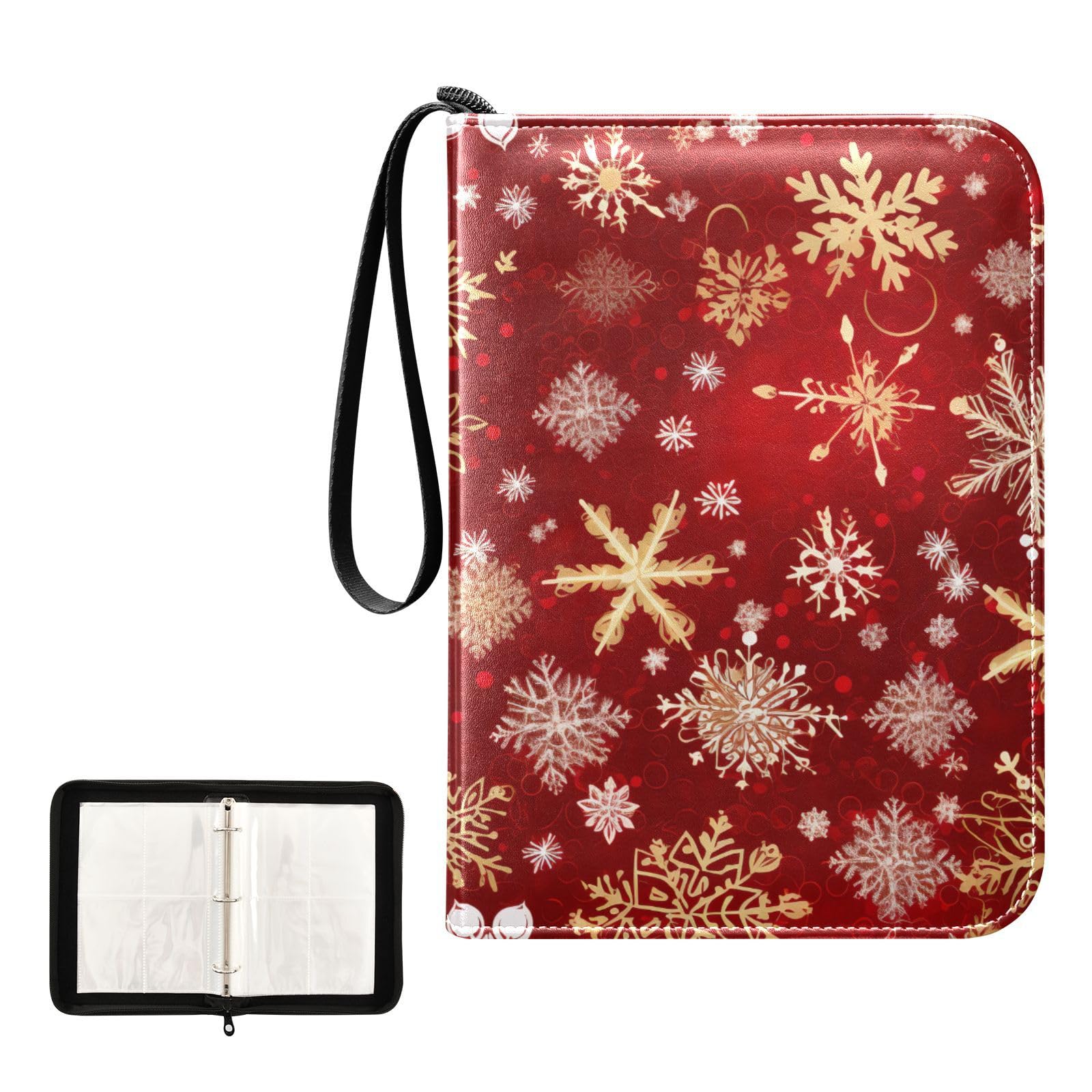 Christmas Winter Snowflake Red 4-Pocket Trading Card Binder with 50 Sleeves - 400 Card Capacity 3-Ring Album for Collectors | Perfect for Pokemon, Yu-Gi-Oh, Magic Cards Storage & Display | Great Gift for Boys & Girls