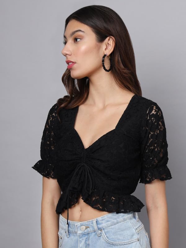 Eavan Women's Black Embroidered Crop Top - Stylish Summer Fashion for Casual Outings & Beach Wear