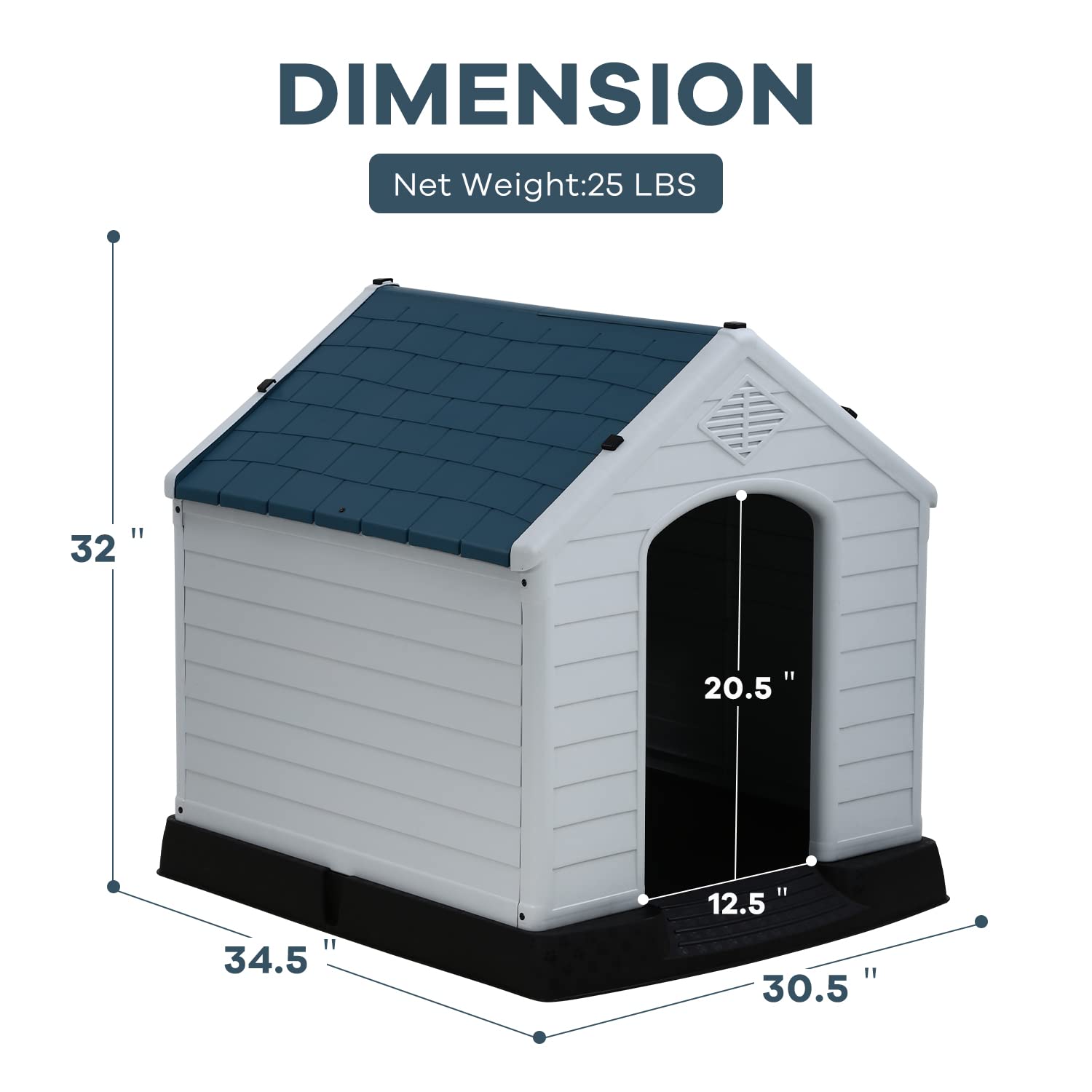 39 Inch Large Dog House with Air Vents & Elevated Floor - Durable Plastic Kennel for Small, Medium & Large Dogs - Indoor & Outdoor Use for Backyard, Patio or Garage