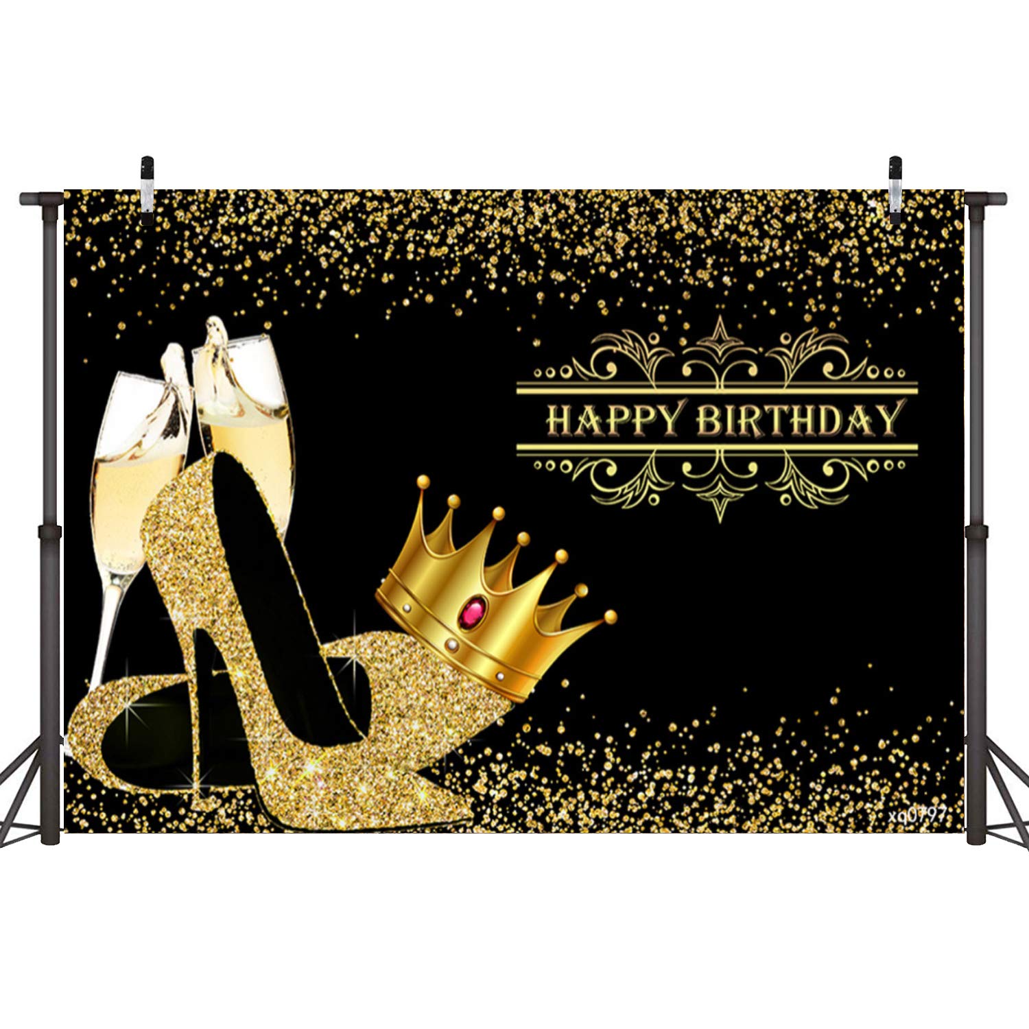 Shiny Golden Crown & Champagne High Heels Birthday Backdrop - 8x6ft Black Gold Sequin Photography Background for Women's Queen Themed Party, Adult Bday Decor & Photo Booth | Perfect for Birthday Celebrations, Women's Parties & Themed Events