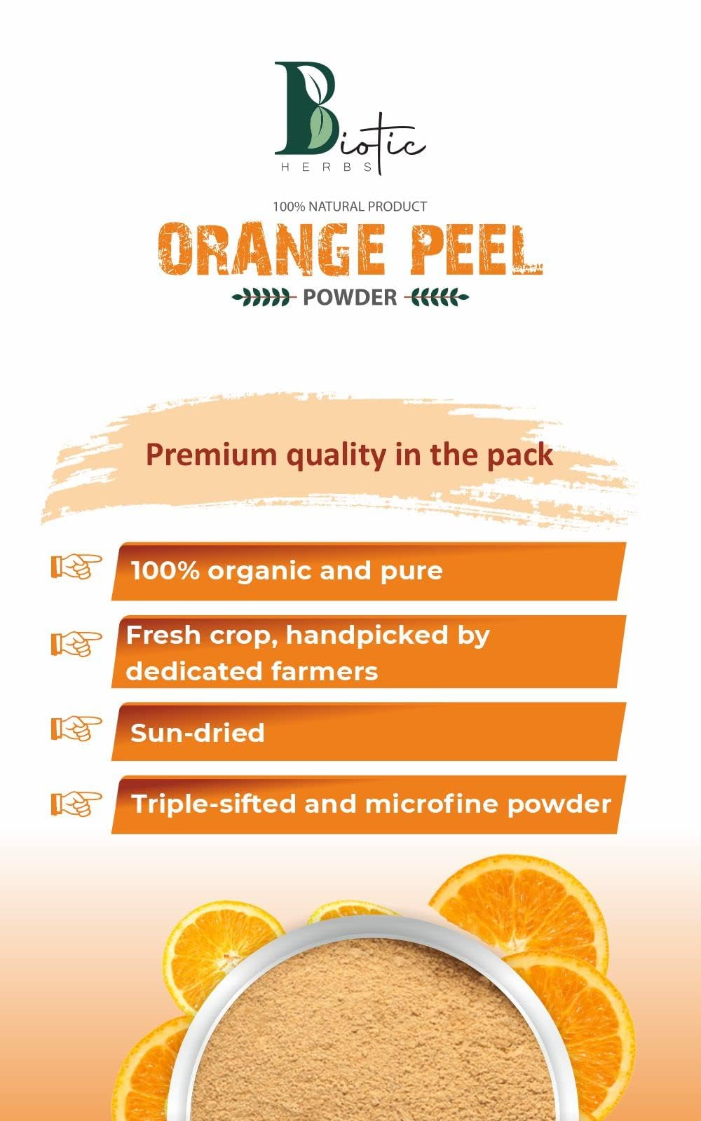 Biotic Herbs Pure Natural Organic Orange Peel Powder for Skin Whitening & Brightening - 200g | Face Mask, Glow Boost, Natural Skincare for Radiant Complexion | DIY Beauty, Spa Day, At-Home Facial Treatment