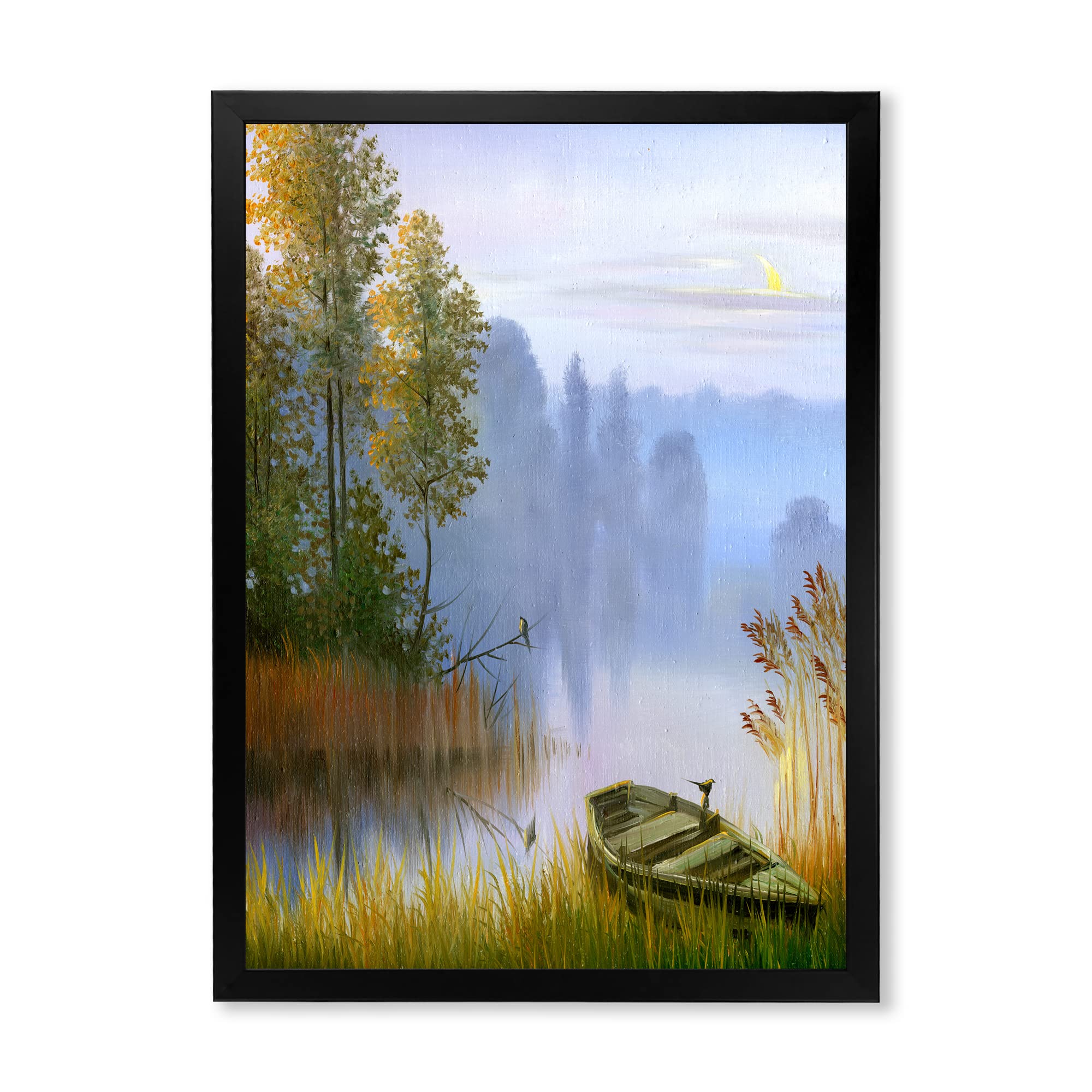 DesignQ Traditional Framed Wall Art - Lakeside Boat Landscape Painting for Living Room, Bedroom & Office Decor | Vintage Nature Scene Canvas Print