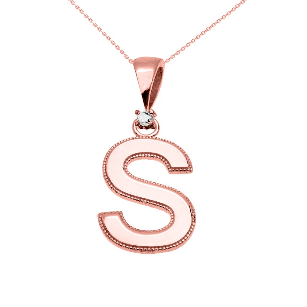 14K Rose Gold High Polish Milgrain Solitaire Diamond S Initial Pendant Necklace for Women - Elegant Personalized Jewelry Gift for Birthday, Anniversary & Valentine's Day