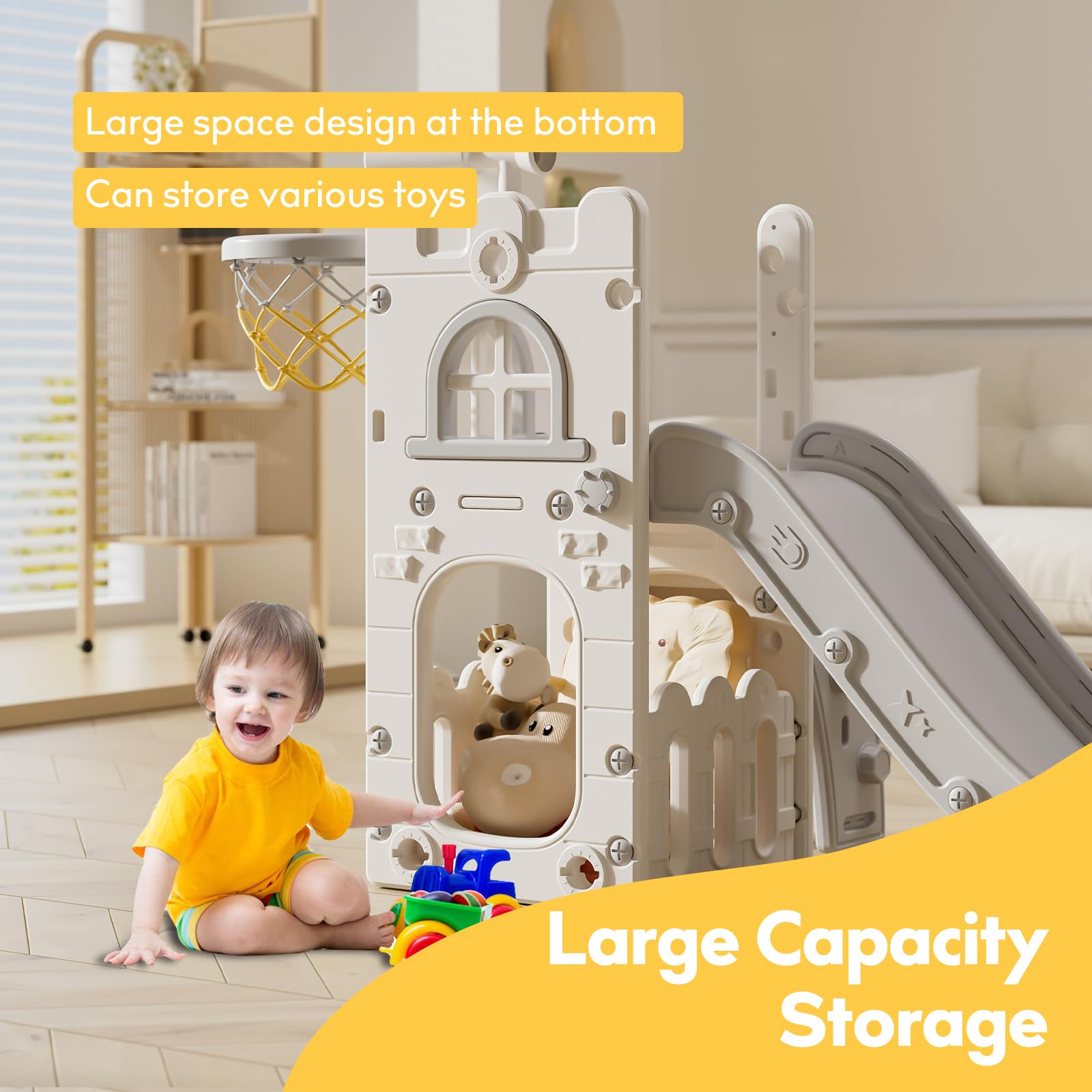 Best Toddler Slide for Kids 1-3 Years - Indoor/Outdoor Playset with Storage & Non-Slip Steps - Safe Baby Slide for Boys & Girls (White Gray) - Perfect for Backyard, Playroom & Birthday Gifts