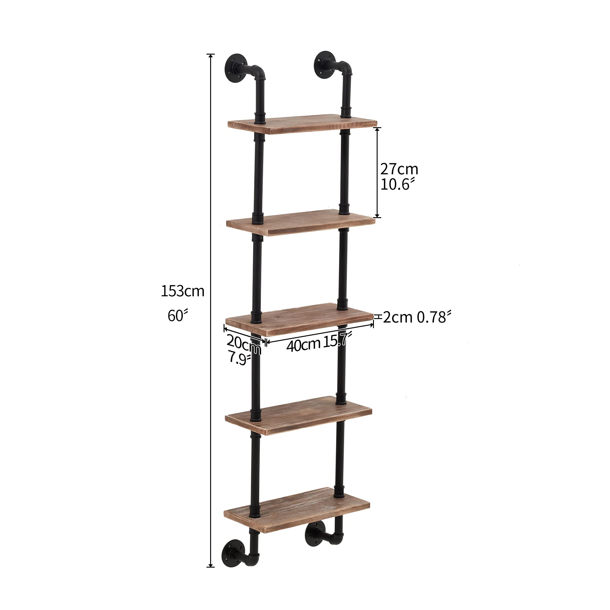 ROGMARS 15 Inch 5-Tier Industrial Pipe Shelves - Rustic Wood Ladder Bookshelf, Wall Mounted Floating Shelf for Living Room Decor & Storage | Perfect for Home Office, Bedroom, and Displaying Plants, Books, Photos