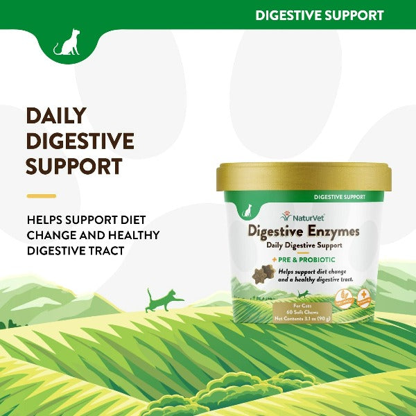 NaturVet Digestive Enzymes with Prebiotics & Probiotics Soft Chews for Cats - Supports Healthy Digestion & Gut Health - Perfect for Sensitive Stomachs & Mealtime Comfort