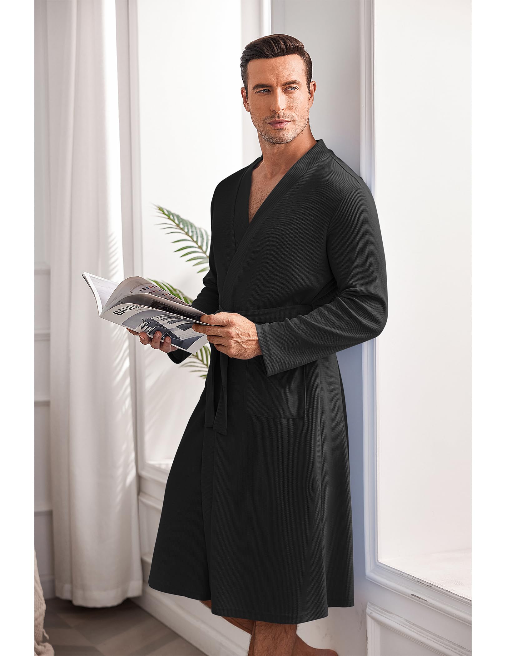 Ekouaer Men's Lightweight Waffle Knit Bathrobe - Soft Kimono Style Spa Robe with Pockets, V-Neck Long Sleeve Sleepwear for Shower, Lounge & Relaxation at Home