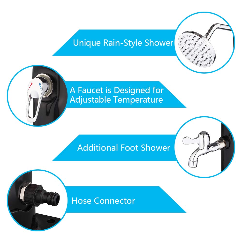 VINGLI 7.2Ft 5.5 Gallon Solar Outdoor Shower with Shower Head & Foot Tap - Portable Camping, Beach, Poolside, Backyard, Garden, RV Use - Black