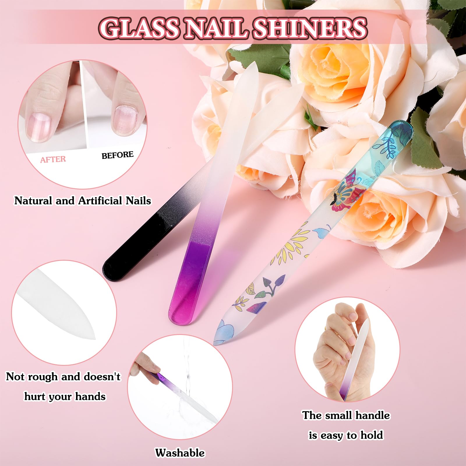 Grevosea 3 Pack Glass Nail Files with Case - Double Sided Crystal Nail Files for Natural Nails, Professional Manicure & Nail Care - Perfect Gift for Women, Christmas Stocking Stuffers - Use for Home, Salon, Travel & DIY Nail Art