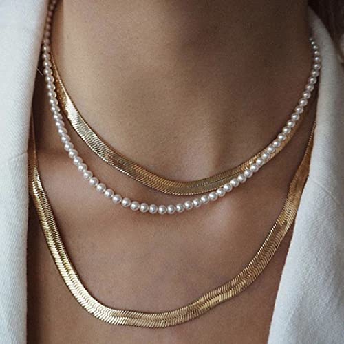 Layered Pearl Choker Necklace - Gold Snake Bone Chain Minimalist Jewelry for Women & Girls | Elegant Gift for Date Night, Wedding, Party & Everyday Wear