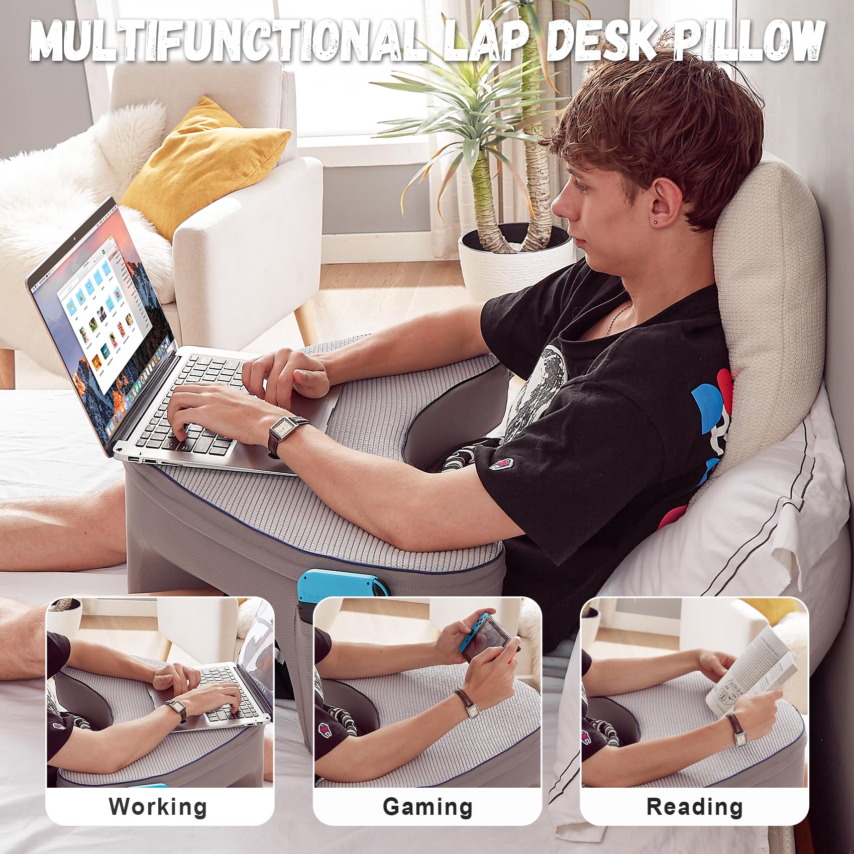 Memory Foam Lap Desk Pillow - Heart Shaped Laptop Cushion for Gaming, Working & Crocheting | Portable Reading Pillow for Couch & Bed (Grey, Medium) - Perfect for Home Office, Gaming Setup & Cozy Reading
