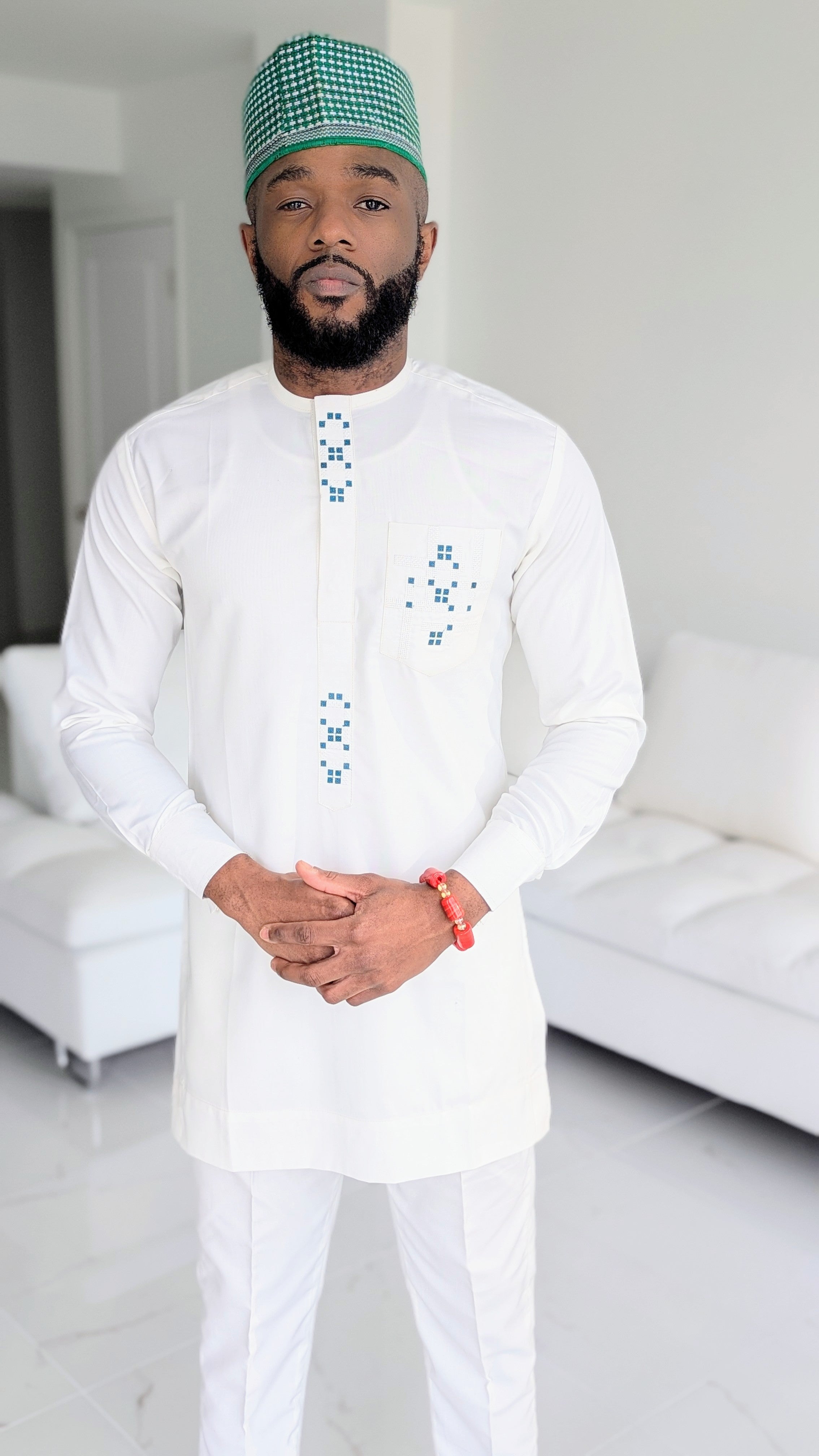 Dupsie's Birnin Gwari Prestige Ivory and Green Dashiki Suit for Men - African Traditional Wear DPASIG35 | Perfect for Weddings, Cultural Events, and Special Occasions
