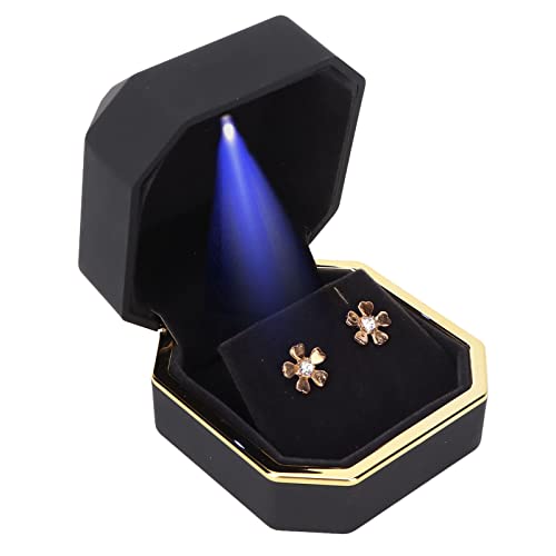 LED Lighted Jewelry Gift Box - Velvet Earring Studs Ring Storage Case | Mini Metal Glossy Display Box for Engagement, Wedding, Birthday & Proposal Jewelry | Perfect for Gifts, Travel & Home Organization (Black)