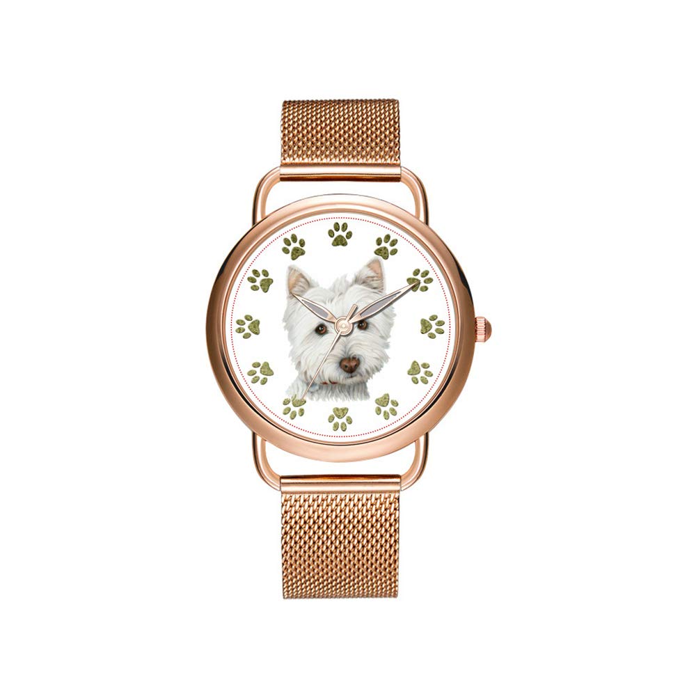Luxury Christmas Watches for Women - Japanese Quartz Rose Gold Bracelet Watch with Cute Westie Dog Art - Perfect Birthday Gift for Girls & Fashion Accessories (Ideal for Christmas, Parties, and Everyday Wear)