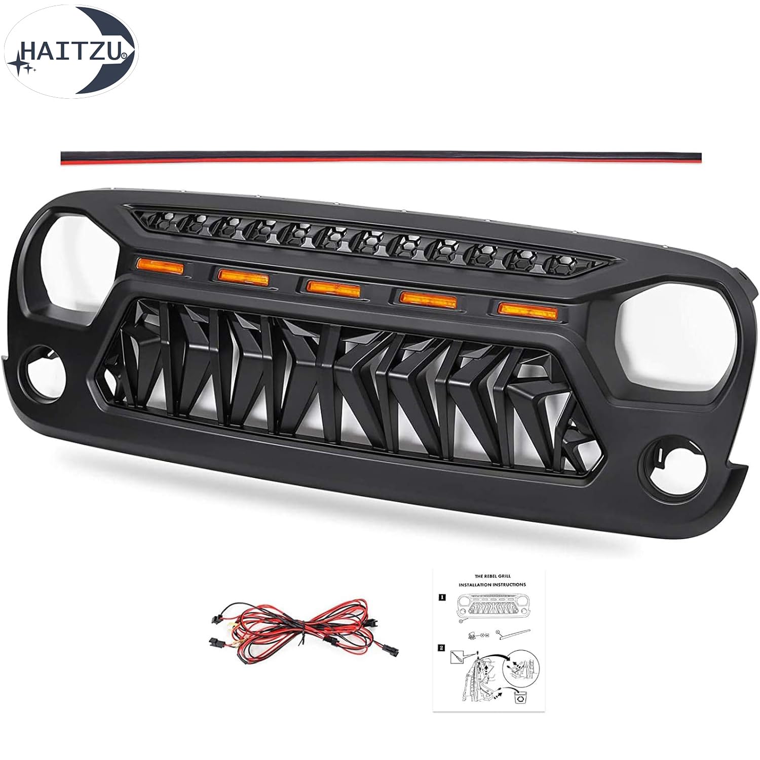 Jeep Wrangler JK Grille Guard (2007-2018) - Matte Black Shark Grille with 5 Amber LED Lights | Compatible with Unlimited, Rubicon & Sahara Models | Off-Road Protection & Style Upgrade for Adventure Enthusiasts