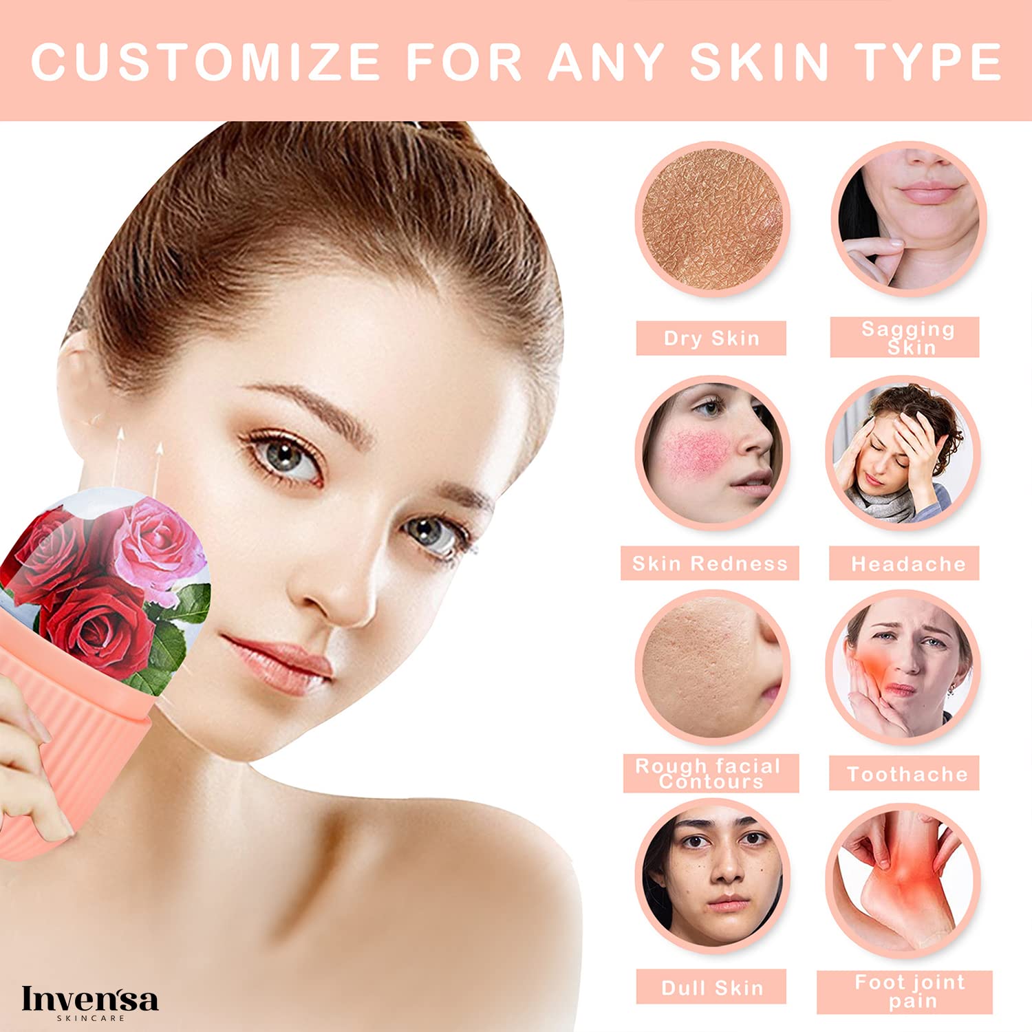 INVENSA Reusable Ice Roller for Face & Eyes - Cooling Facial Massager to Brighten Skin, Reduce Fine Lines & Enhance Glow | DIY Beauty & Skincare Tool for Puffiness Relief & Morning Routine