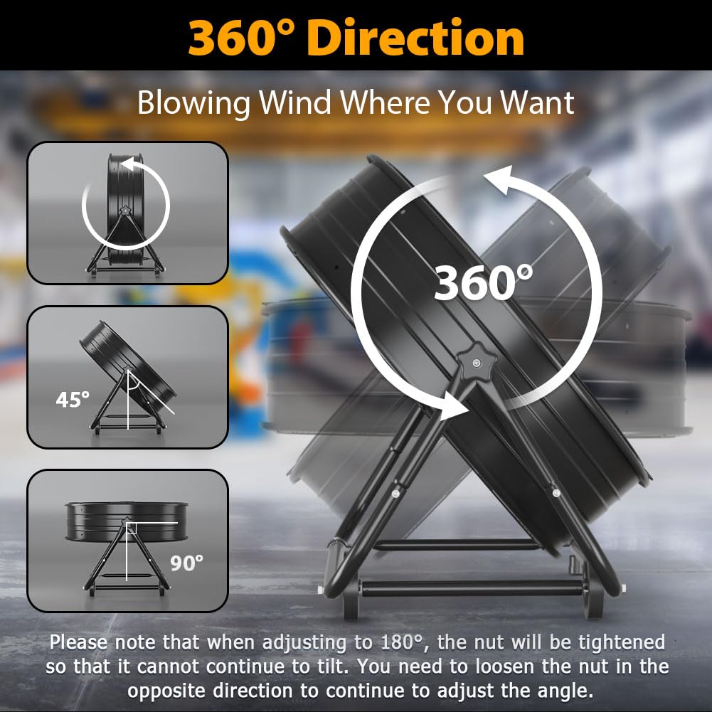 LifePlus 24 Inch Industrial Drum Fan - High Velocity Floor Fan with 3 Speed Settings, Heavy Duty Metal Air Circulator, 360° Tilt & Casters Handle (ETL Certified) - 8900 CFM for Warehouse, Patio, Commercial Use & Home Cooling