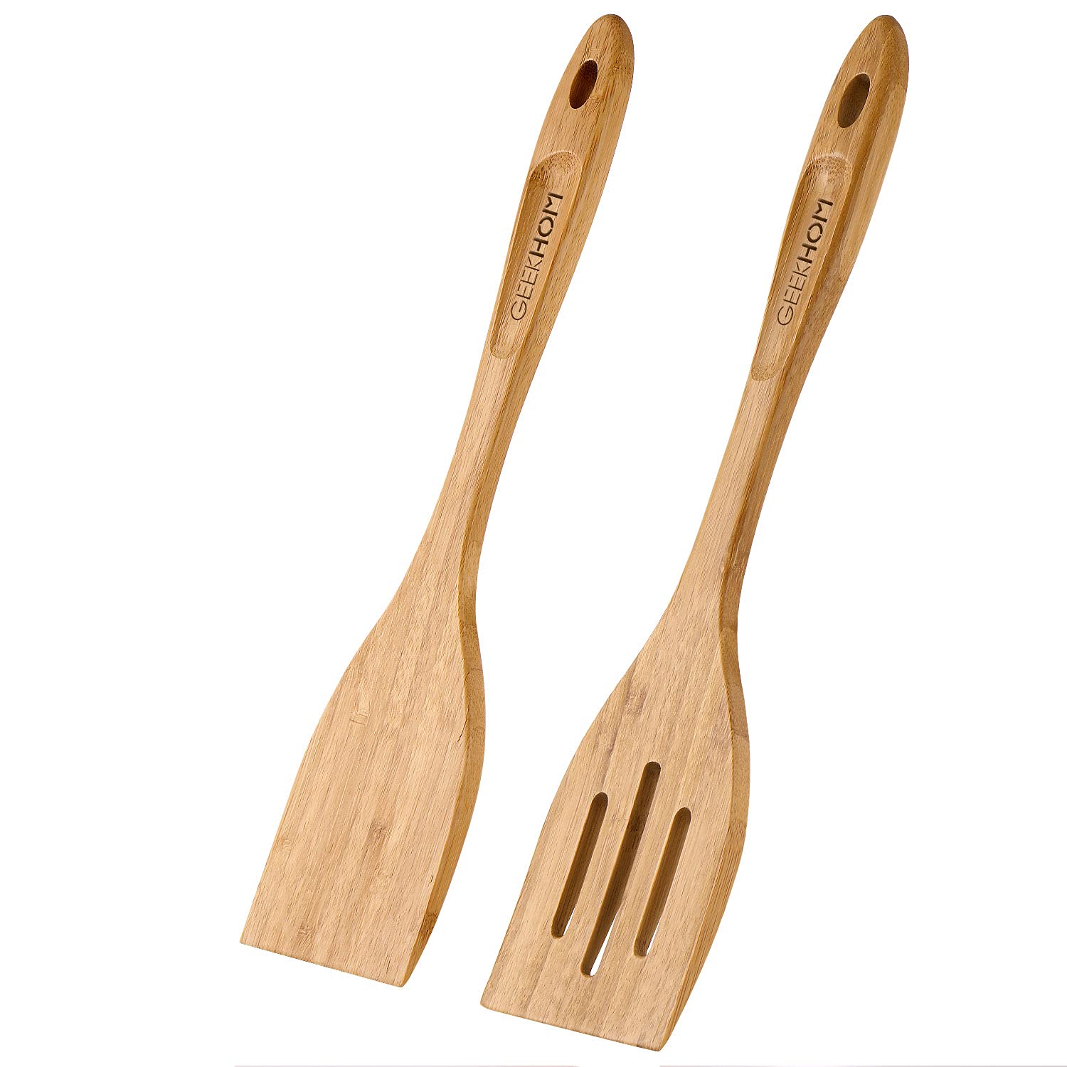 GEEKHOM 2-Pack 13 Inch Bamboo Spatulas for Nonstick Cookware - Wooden Kitchen Utensils for Cooking, Flipping Pancakes, Fish & Eggs - Eco-Friendly Slotted Wok Turner - Perfect for Sauteing, Stir-Frying & Serving Healthy Meals