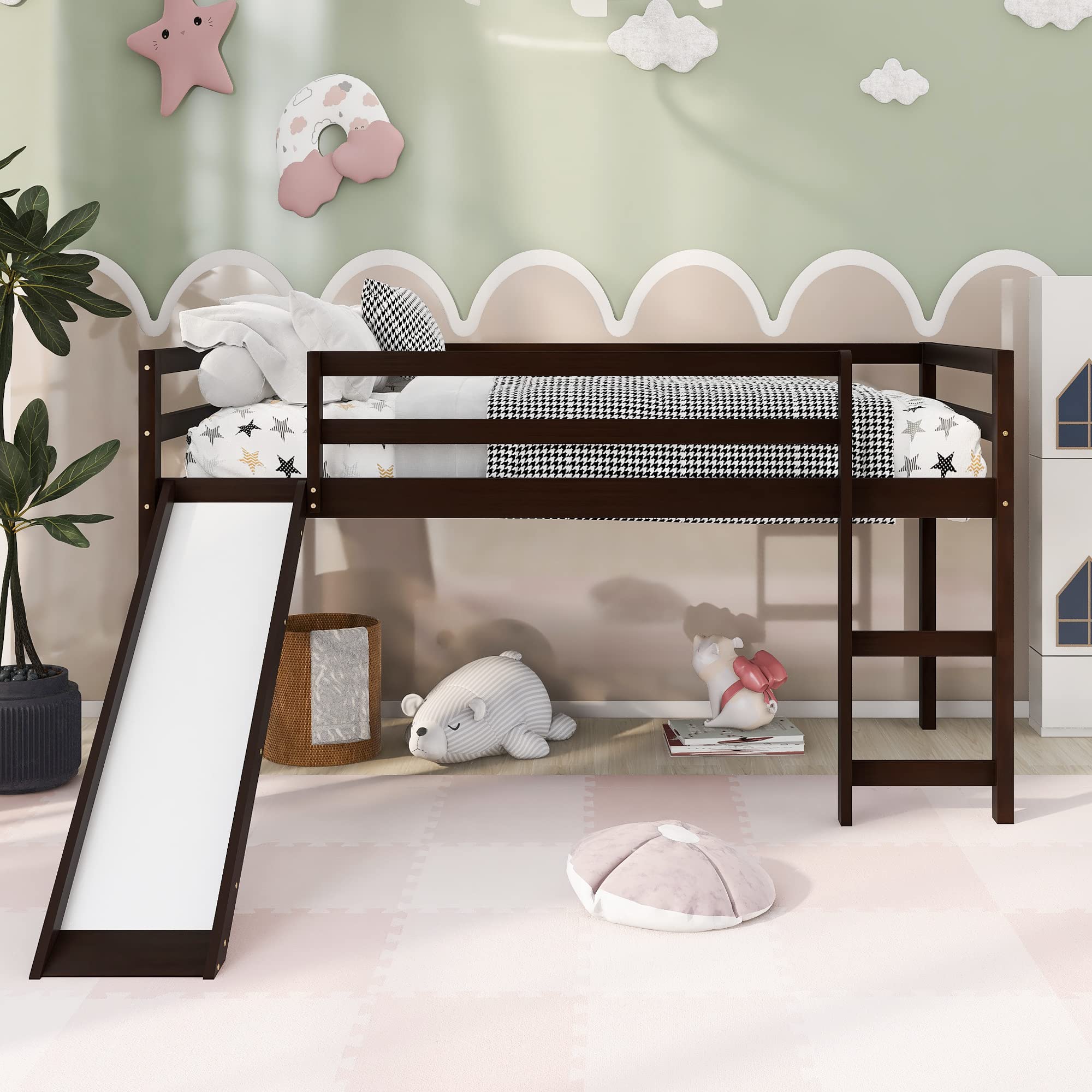 LZ LEISURE ZONE Twin Loft Bed with Slide - Sturdy Wood Low Loft Bed Frame for Kids, Teens & Adults - Twin Size No Box Spring Needed in Espresso - Perfect for Small Bedrooms, Dorm Rooms & Kids' Play Areas