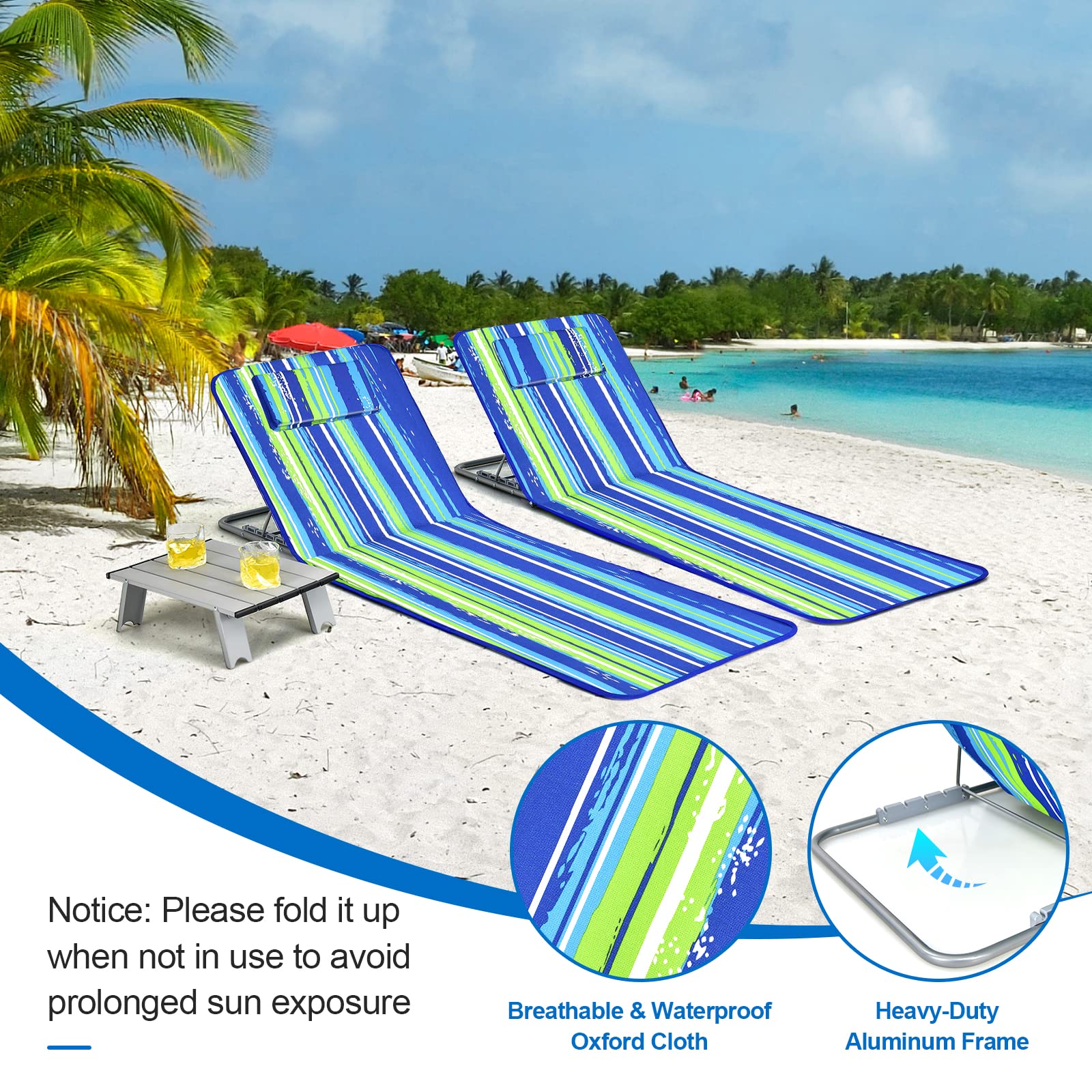 GYMAX Folding Beach Chair with Adjustable Table - Portable Outdoor Lounge Chair for Tanning, Sunbathing, Poolside Relaxing - Includes Pillow & Storage Bag - Perfect for Backyard, Patio, Beach & Camping (Blue Stripe)