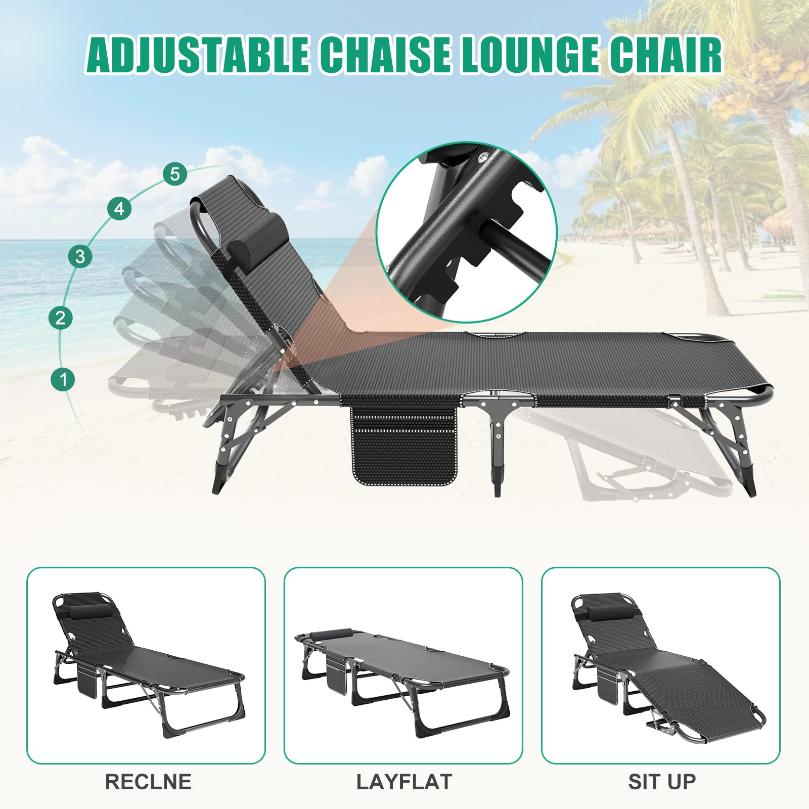 LILYPELLE 5-Position Adjustable Folding Lounge Chair with Mattress - Portable Outdoor Chaise Lounge for Sunbathing, Camping, Beach, Pool & Patio - Perfect for Relaxing, Travel & Backyard Lounging