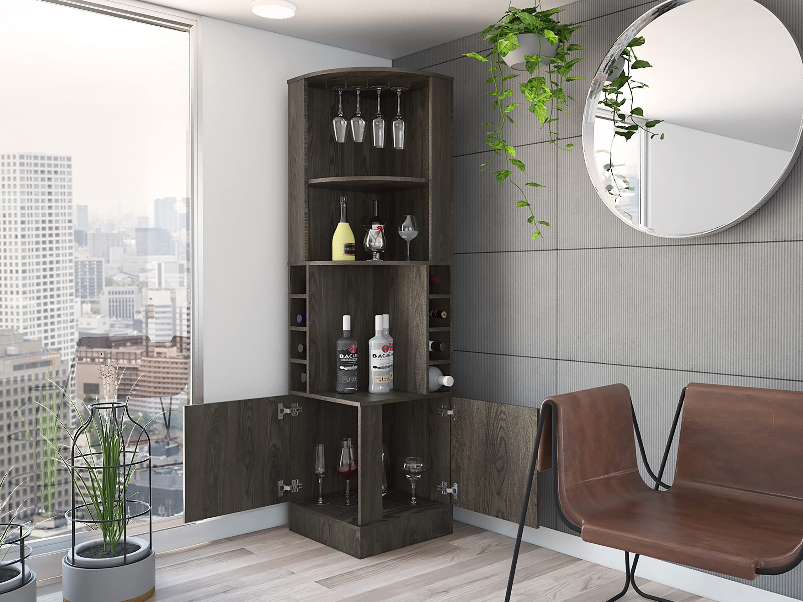 Seattle Corner Bar Cabinet with 3 Open Shelves, Glass Rack, 8 Bottle Storage & Double Doors - Dark Walnut Finish | Perfect for Home Bar, Kitchen, Dining Room & Entertaining Spaces