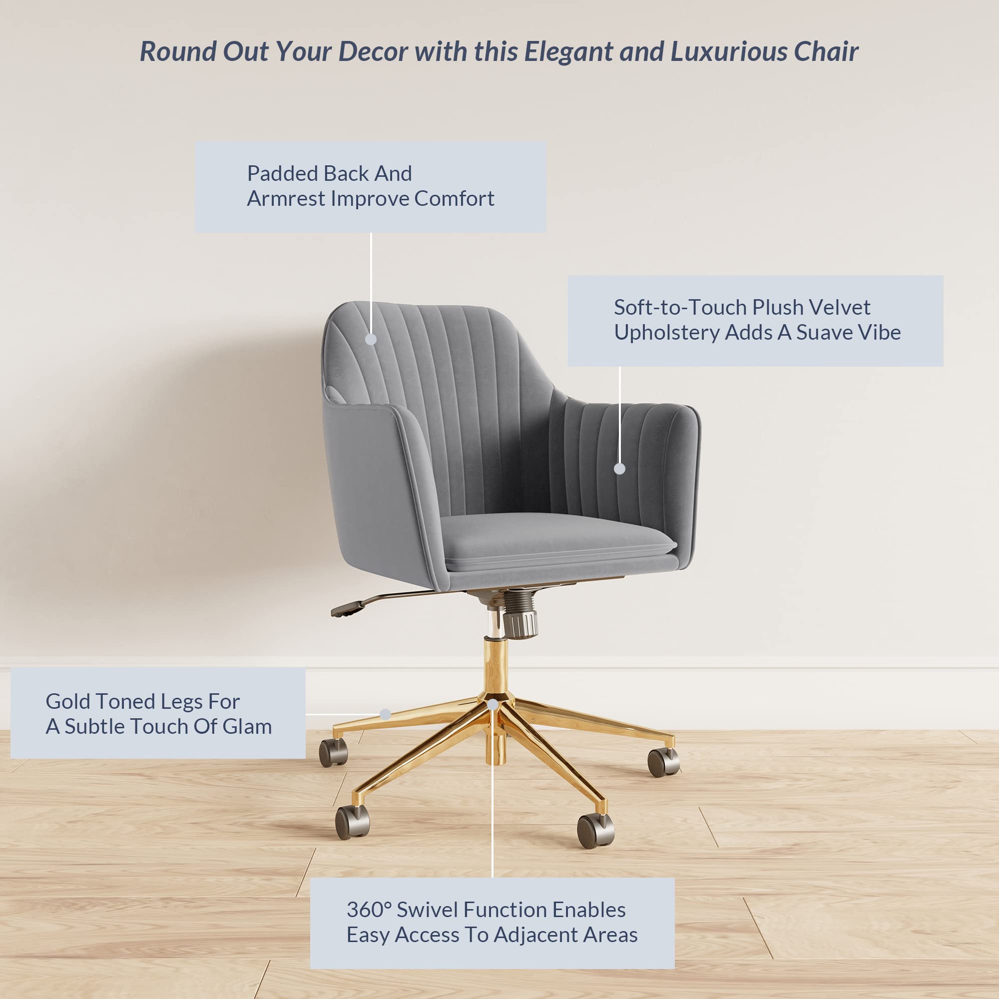 BELLEZE Modern Velvet Swivel Desk Chair with Adjustable Height - Gray & Gold Upholstered Office Chair, Rolling Vanity Armchair for Home & Workspace - Alayah Model - Perfect for Home Office, Study Room & Makeup Station