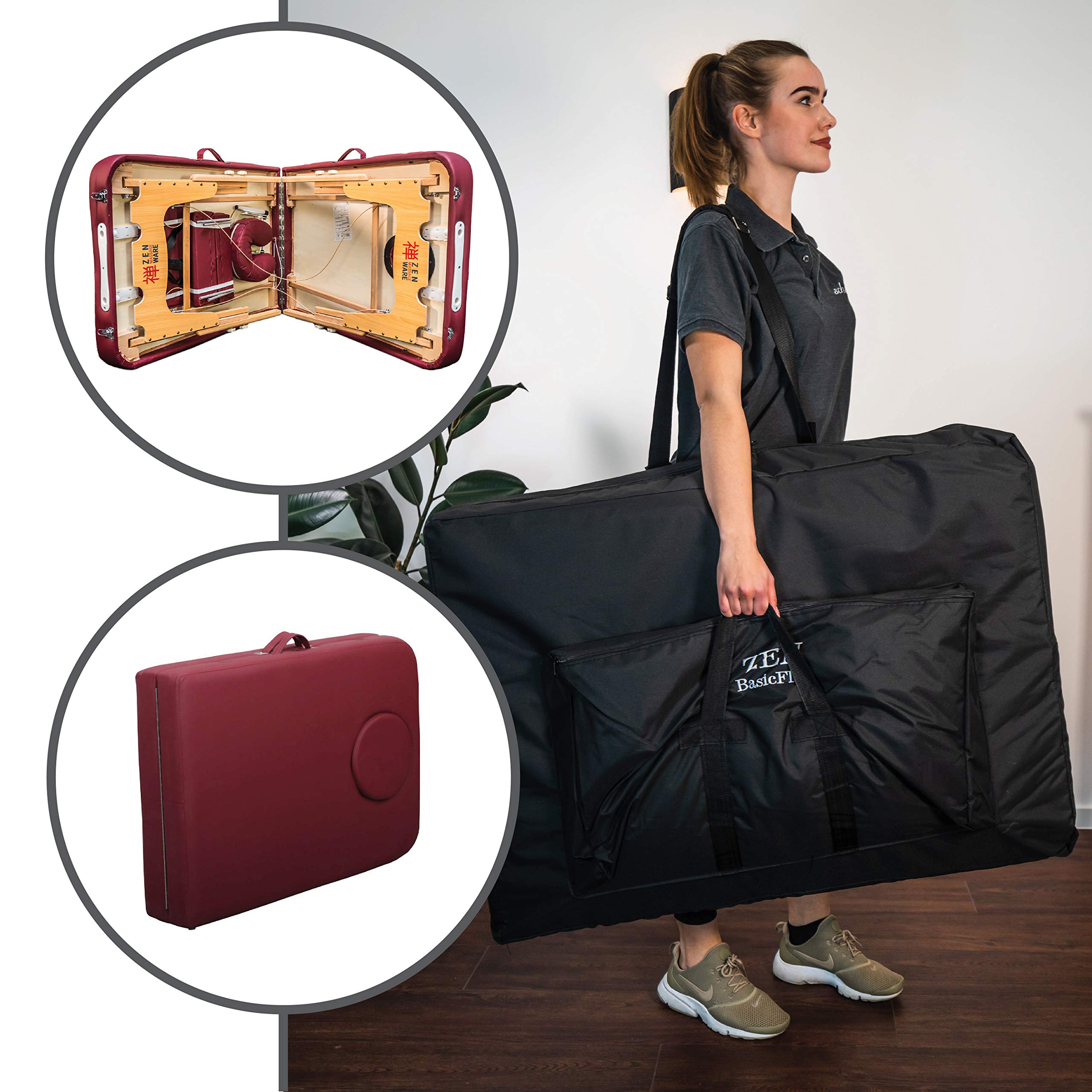 Premium ZEN Mobile Basic III Portable Massage Table - Foldable Physical Therapy Table with Aluminum Headrest, Armrests & Carry Bag - Ideal for Home Spa, Professional Massage Clinics & On-Site Therapies (Burgundy)