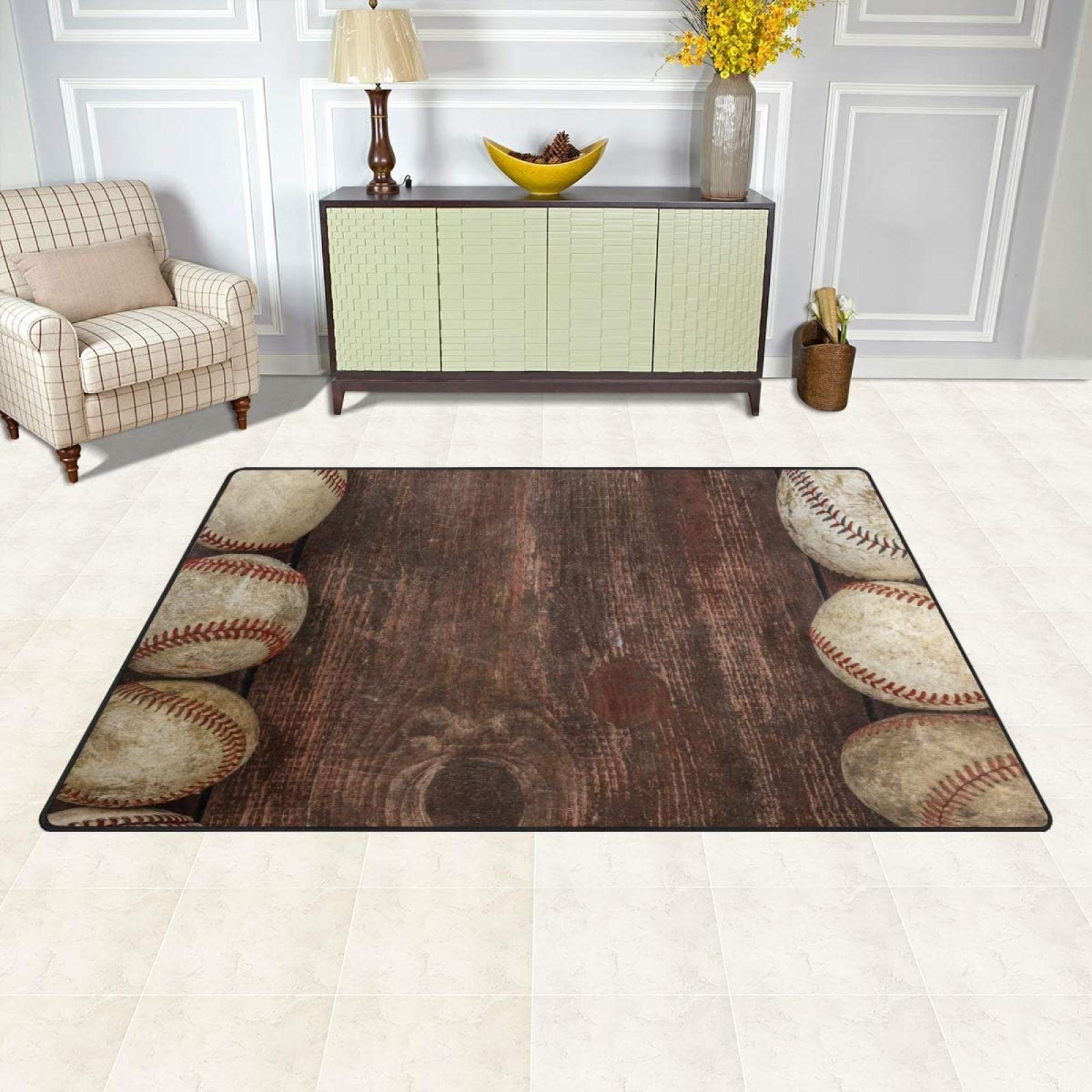 Vintage Shabby Chic Baseball Area Rug - 5' x 6' Distressed Wood Plank Design Non-Slip Indoor Carpet for Living Room, Bedroom & Home Decor | Perfect for Sports-Themed Rooms, Man Caves & Game Day Decorations